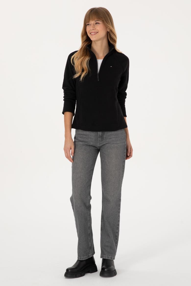 Kadın Siyah Fermuarlı Dik Yaka Polar Sweatshirt - 50316714001