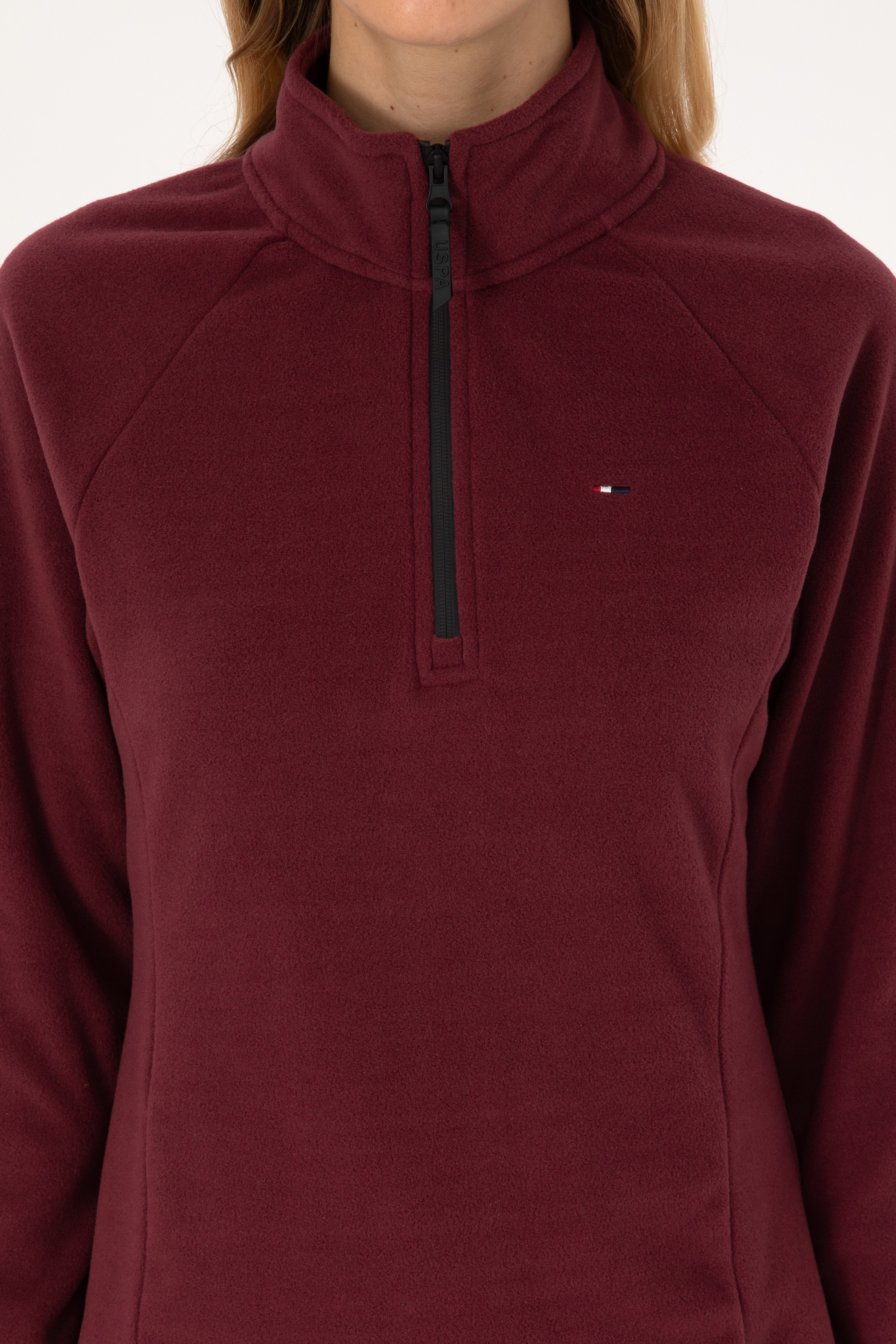 Kadın Bordo Fermuarlı Dik Yaka Polar Sweatshirt