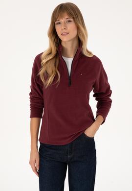 Kadın Bordo Fermuarlı Dik Yaka Polar Sweatshirt - 50316714022