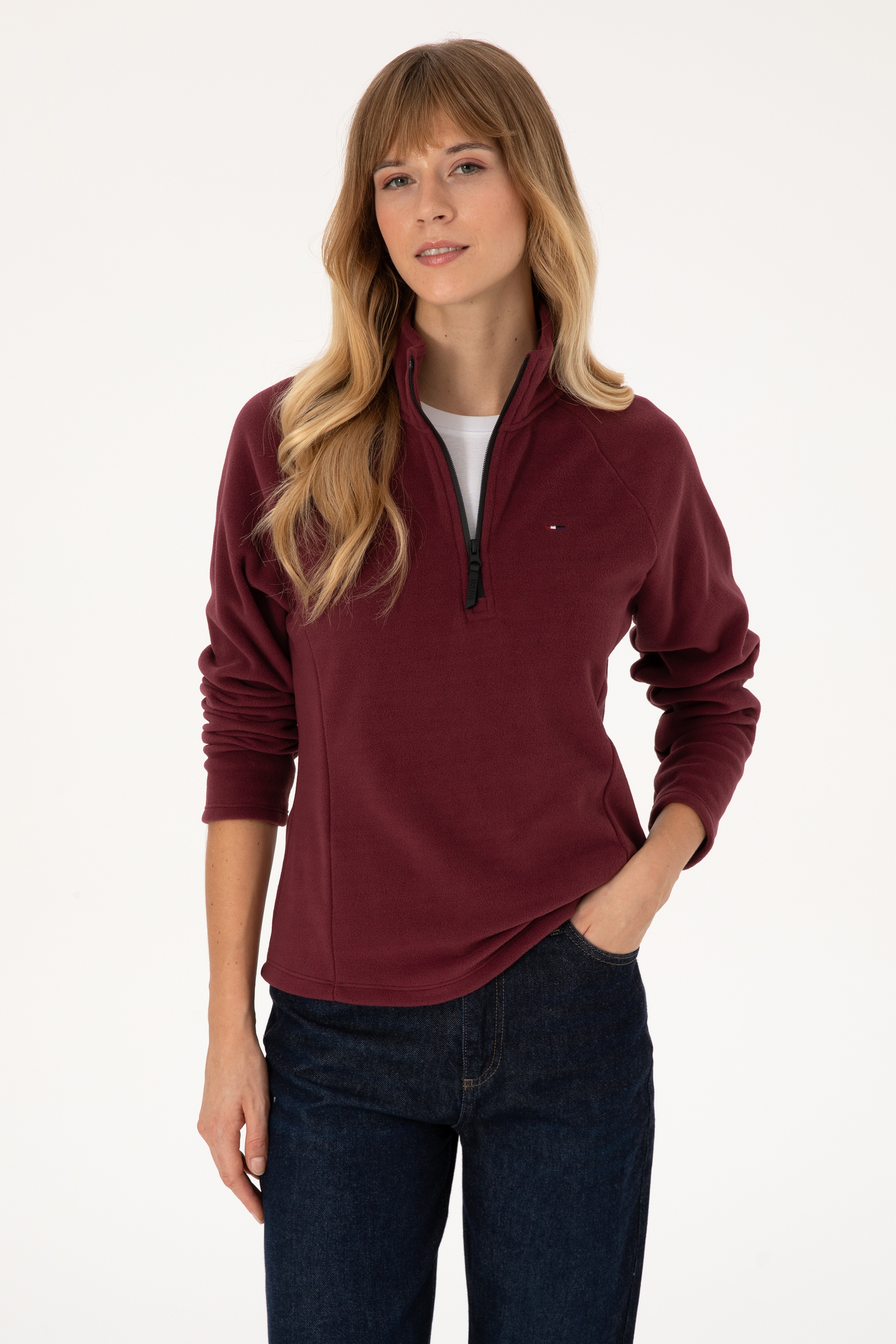 Kadın Bordo Fermuarlı Dik Yaka Polar Sweatshirt - Image 1