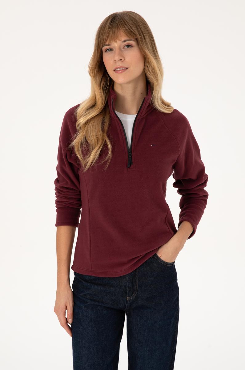 Kadın Bordo Fermuarlı Dik Yaka Polar Sweatshirt