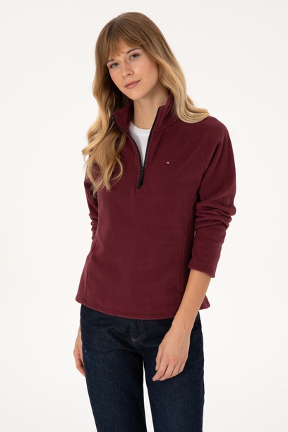 Kadın Bordo Fermuarlı Dik Yaka Polar Sweatshirt