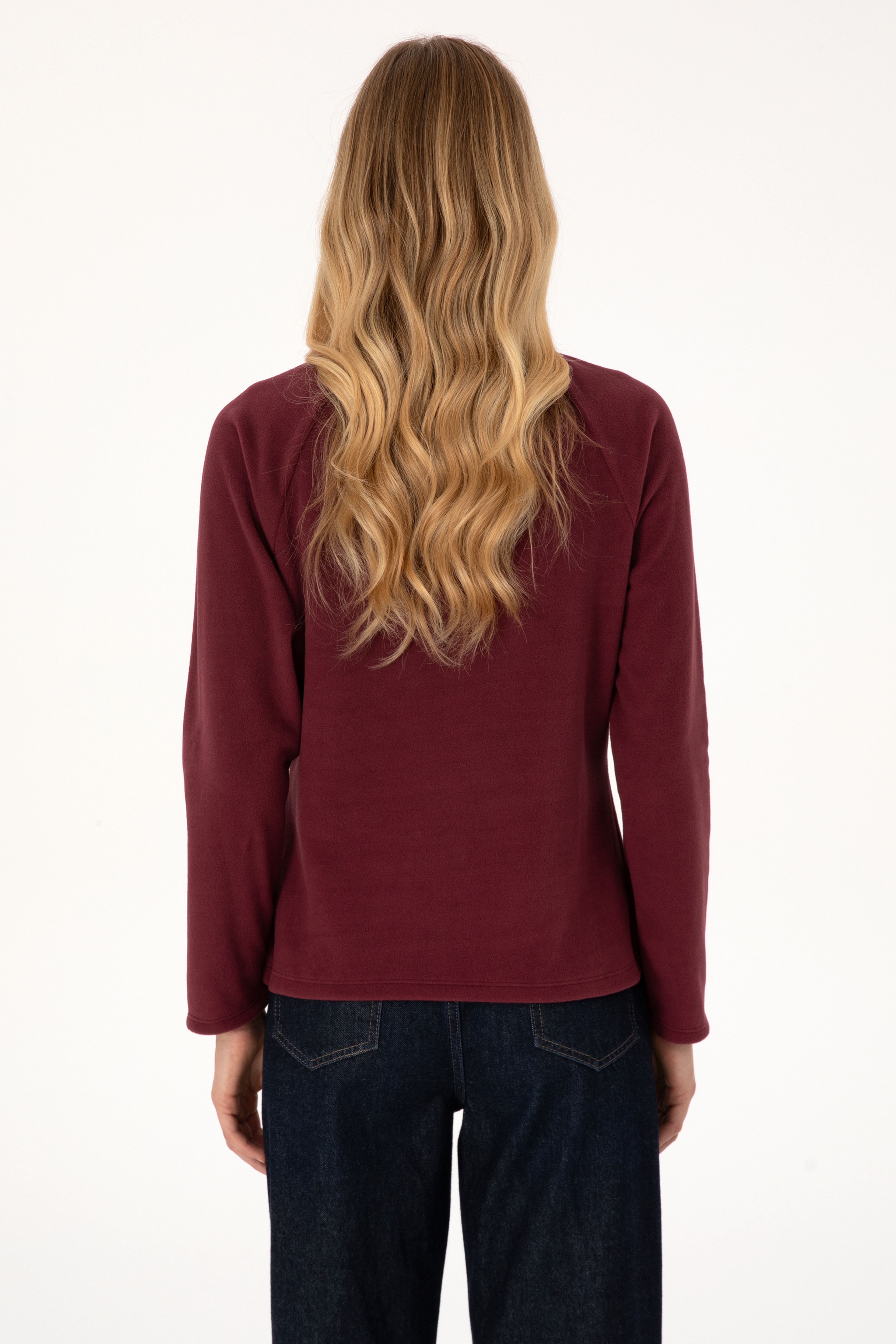 Kadın Bordo Fermuarlı Dik Yaka Polar Sweatshirt
