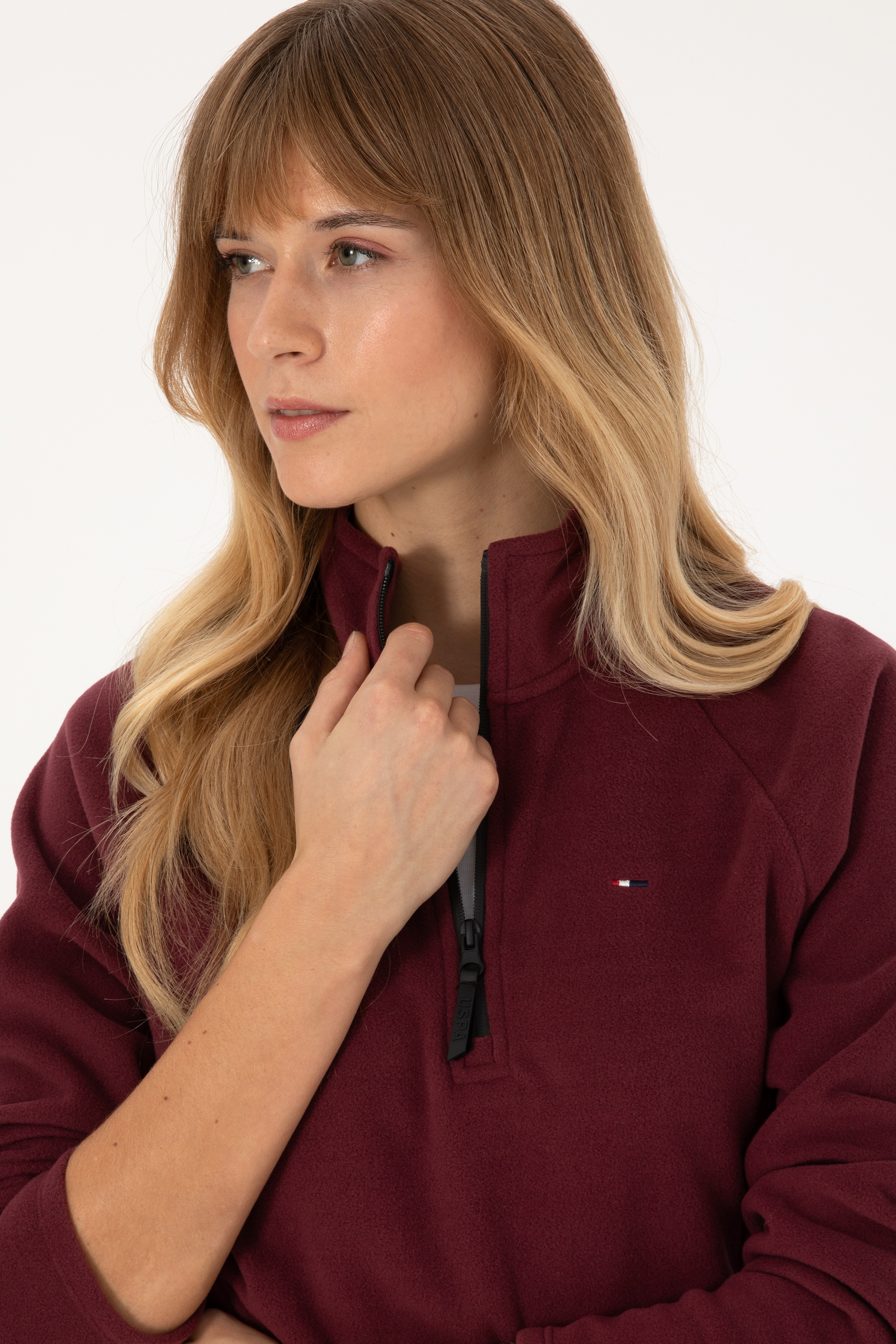 Kadın Bordo Fermuarlı Dik Yaka Polar Sweatshirt - Image 2