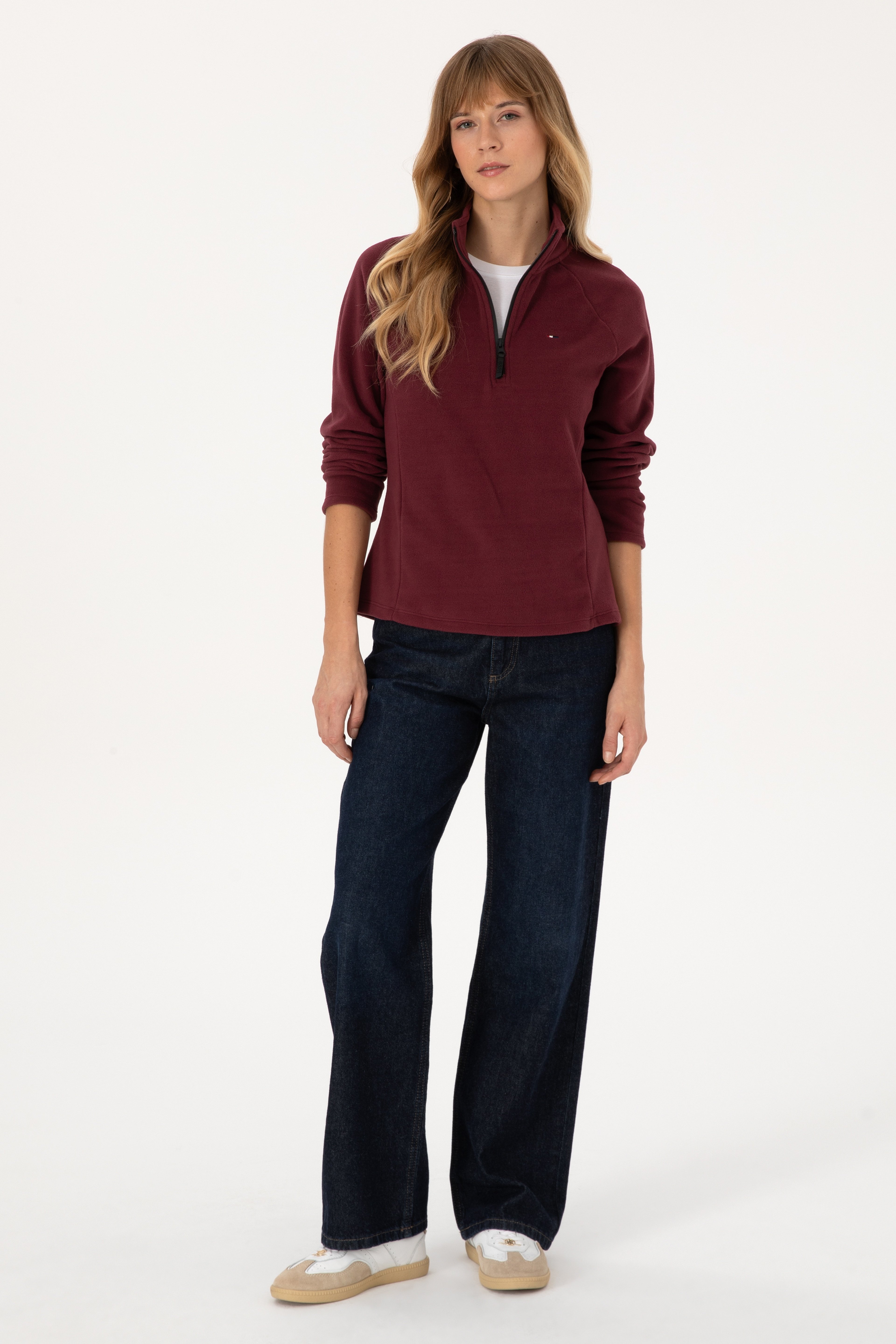 Kadın Bordo Fermuarlı Dik Yaka Polar Sweatshirt - Image 4
