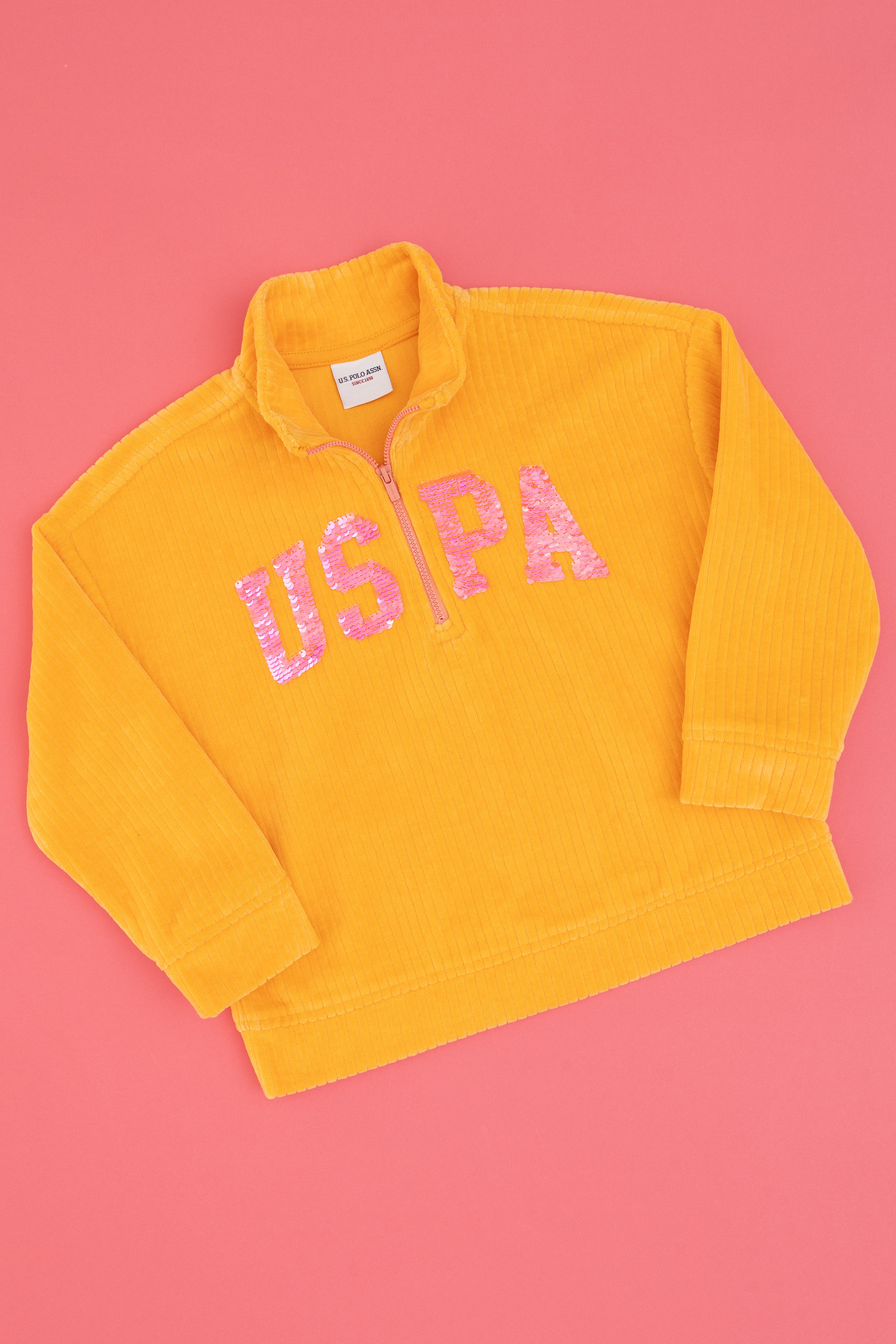 Kız Çocuk Turuncu Yarım Fermuarlı Pul Payetli Sweatshirt - Image 3