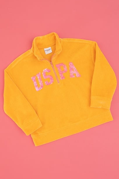 Kız Çocuk Turuncu Yarım Fermuarlı Pul Payetli Sweatshirt