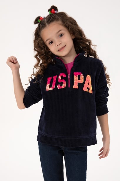 Kız Çocuk Lacivert Yarım Fermuarlı Pul Payetli Sweatshirt