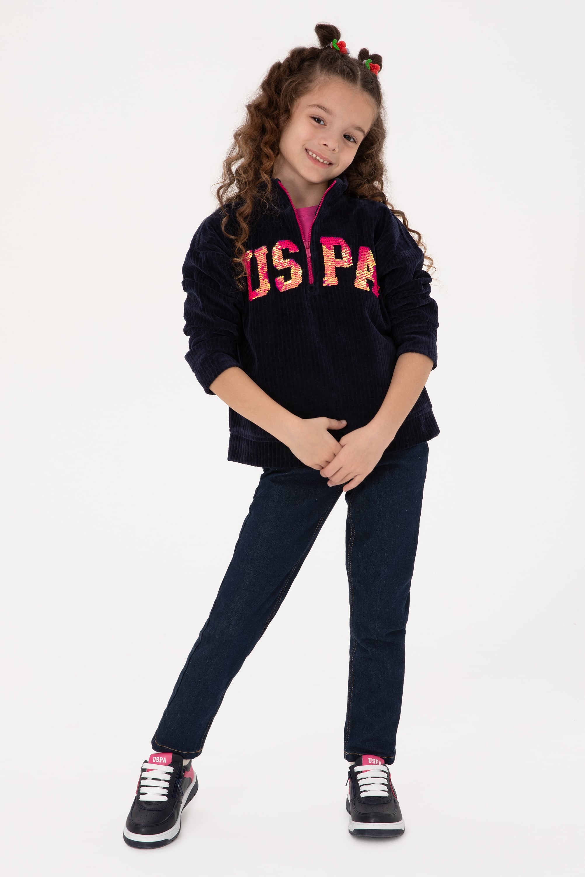 Kız Çocuk Lacivert Yarım Fermuarlı Pul Payetli Sweatshirt - Image 2