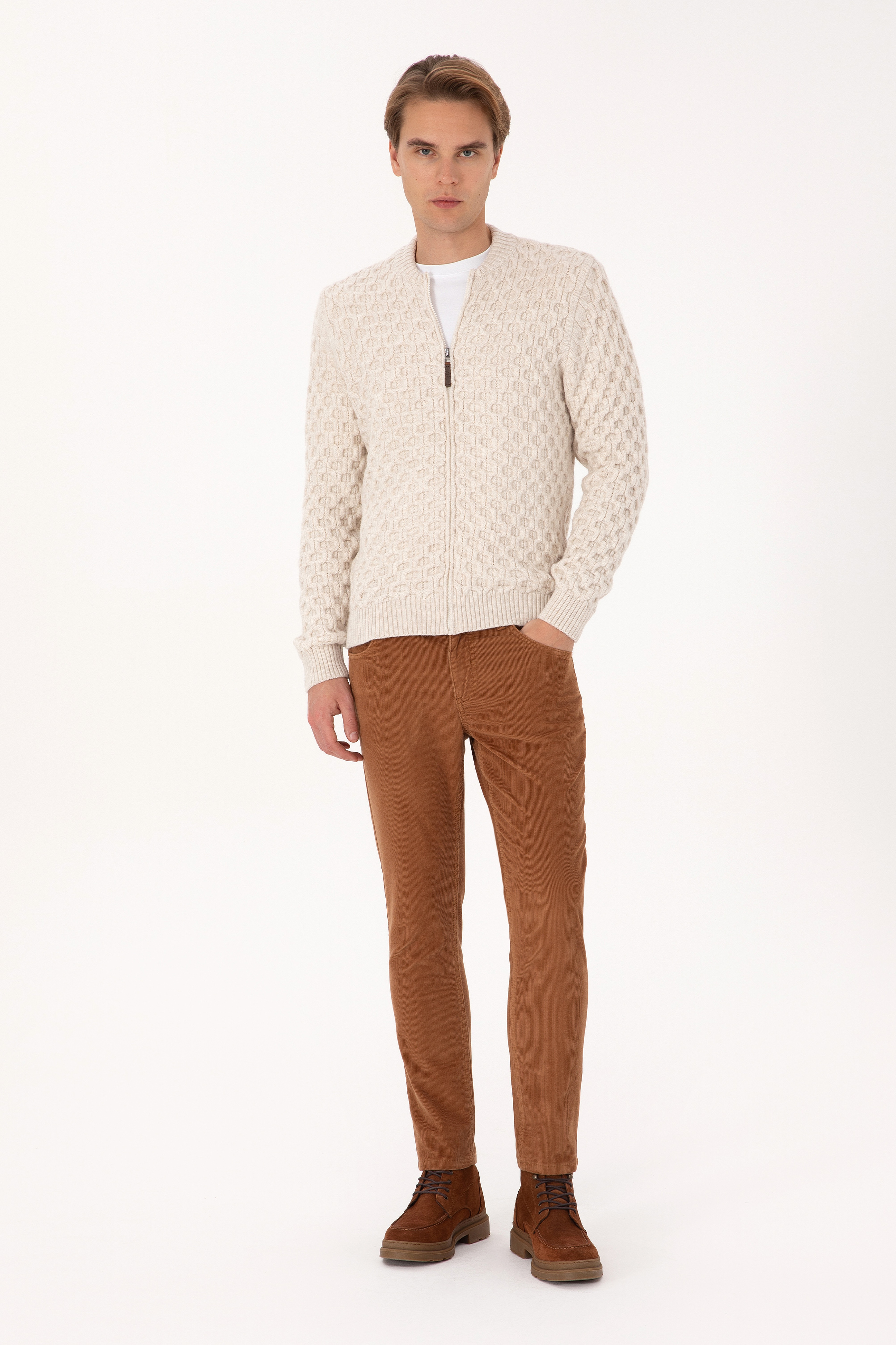 Erkek Camel Slim Fit Kanvas / Chino Kadife Pantolon