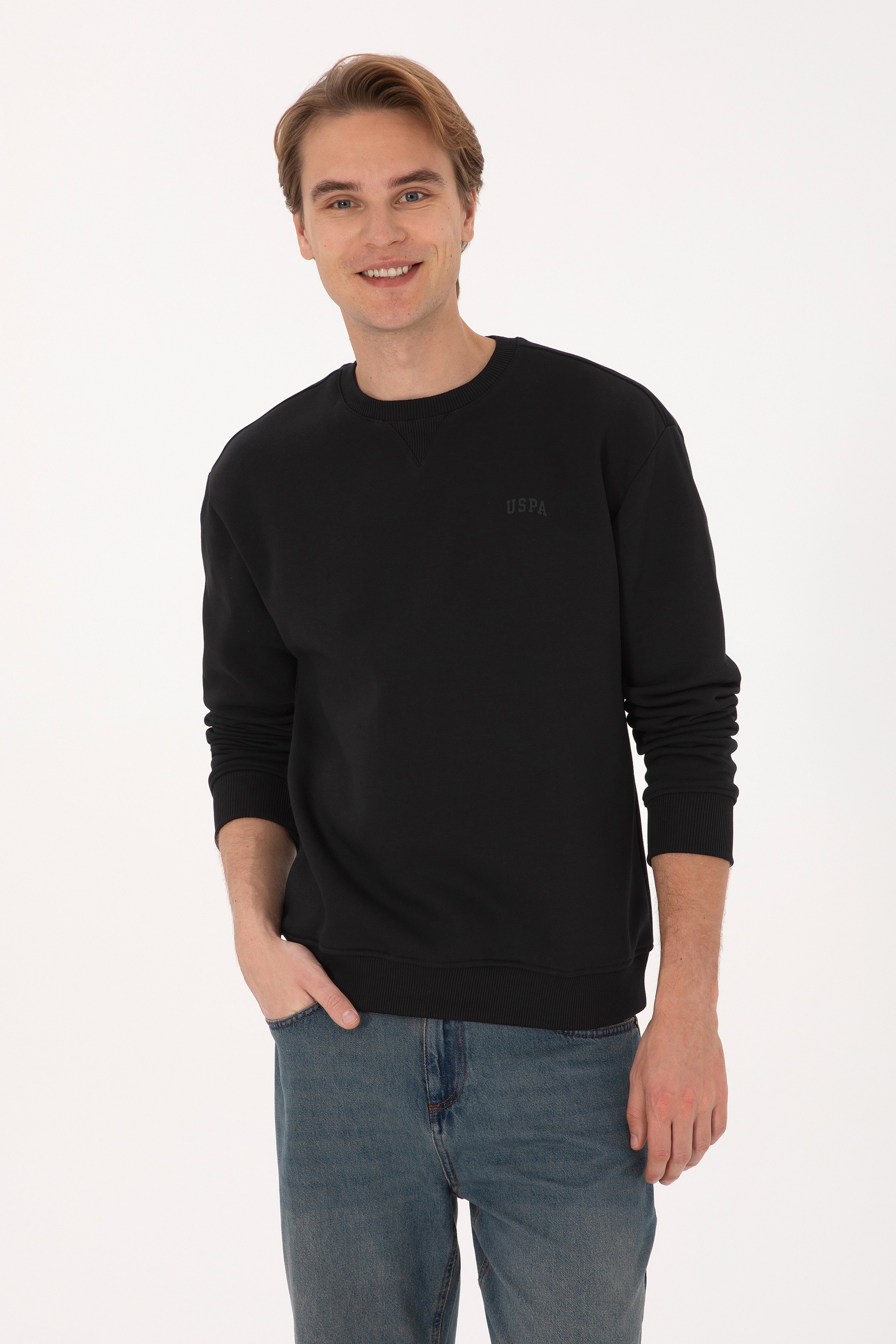 Erkek Comfort Fit Bisiklet Yaka Şardonlu Siyah Basic Sweatshirt