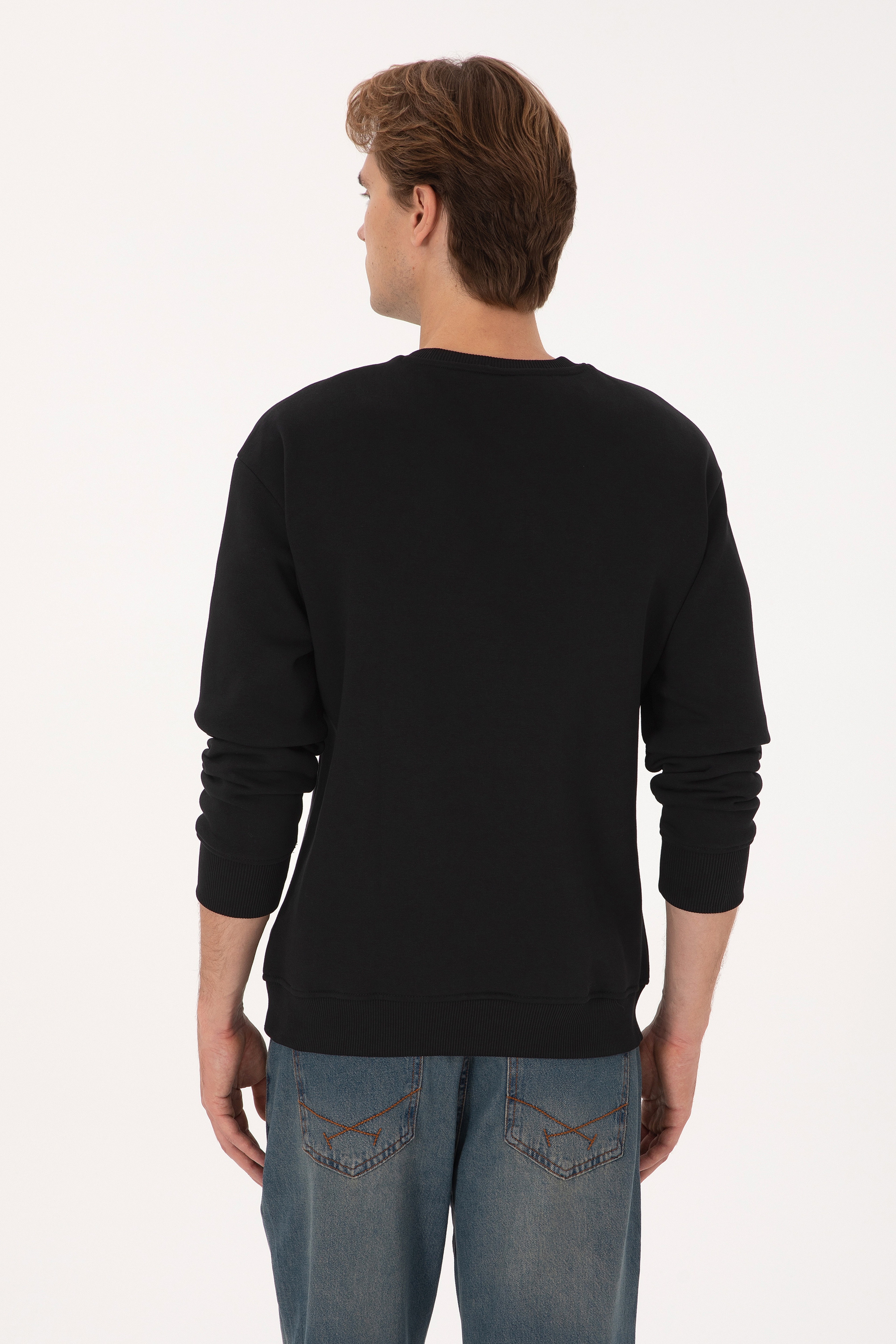 Erkek Comfort Fit Bisiklet Yaka Şardonlu Siyah Basic Sweatshirt