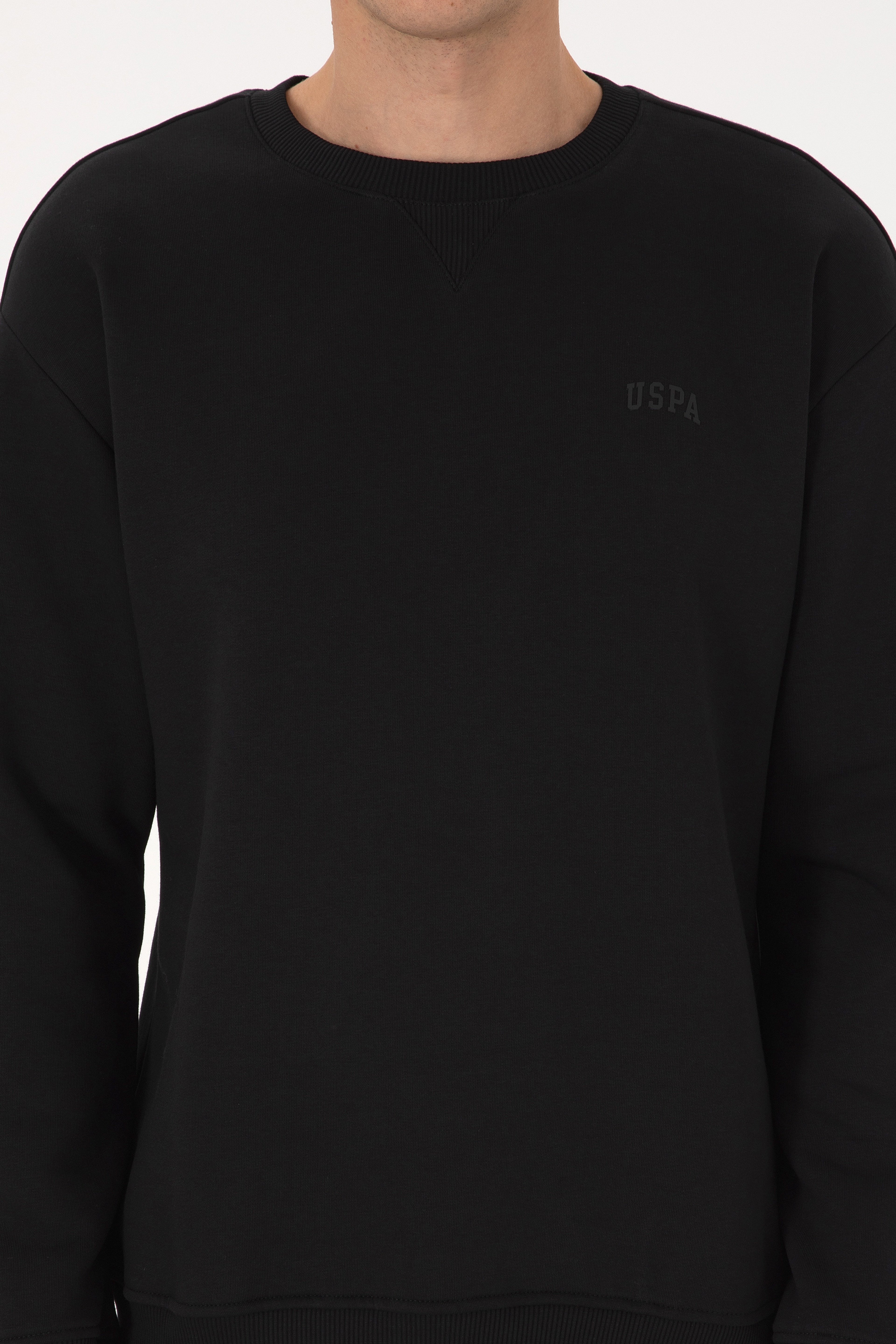 Erkek Comfort Fit Bisiklet Yaka Şardonlu Siyah Basic Sweatshirt