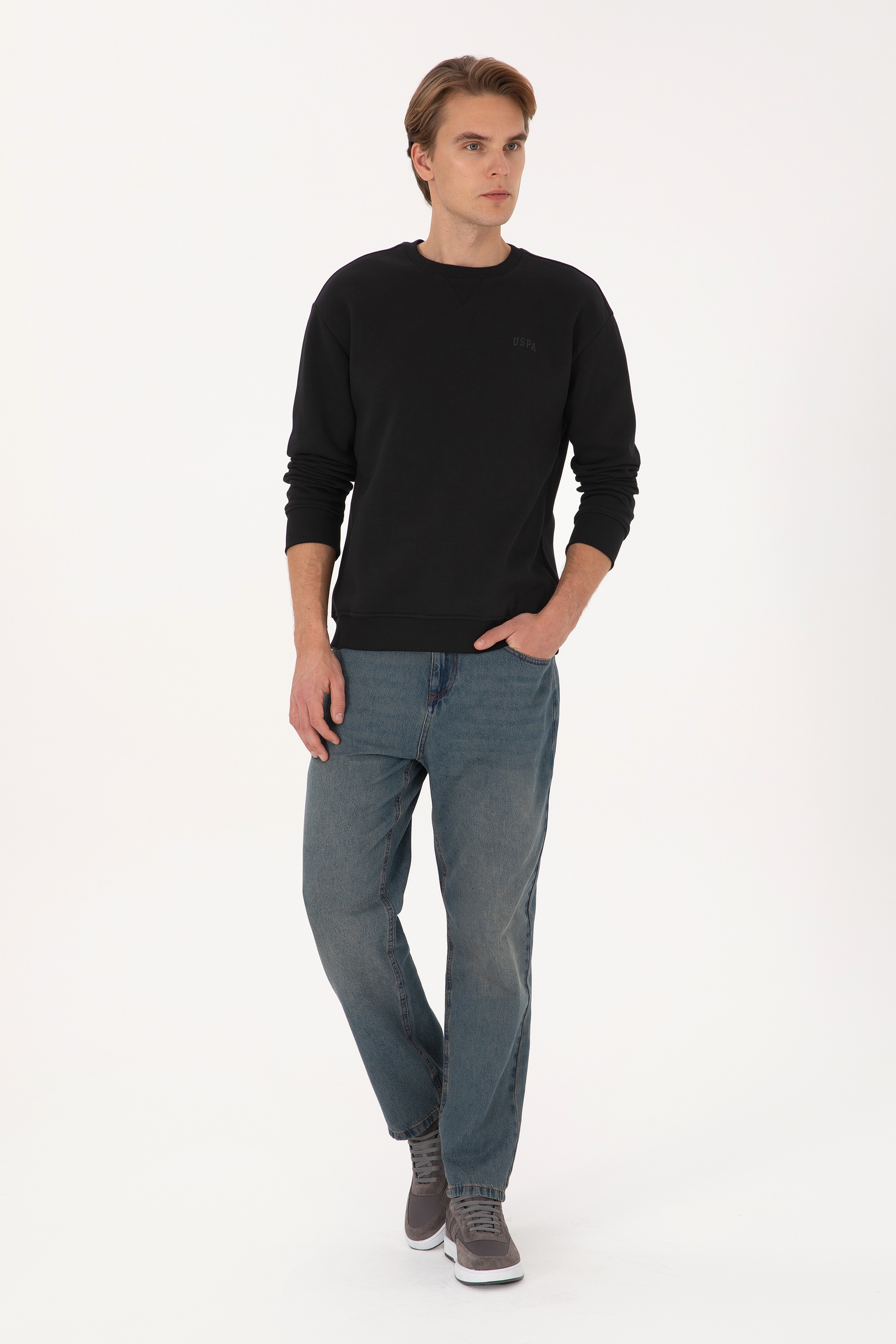 Erkek Comfort Fit Bisiklet Yaka Şardonlu Siyah Basic Sweatshirt