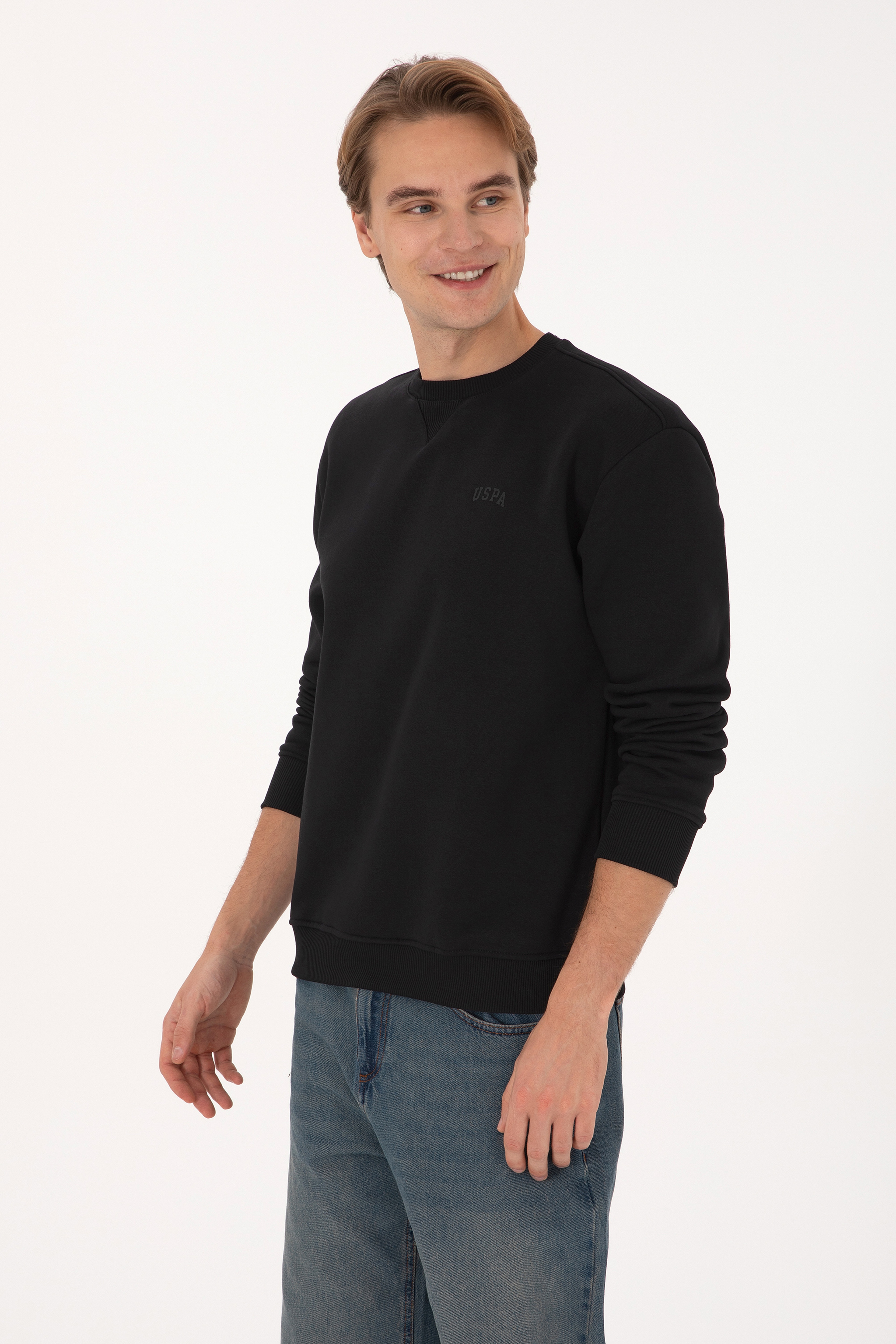 Erkek Comfort Fit Bisiklet Yaka Şardonlu Siyah Basic Sweatshirt - Image 3