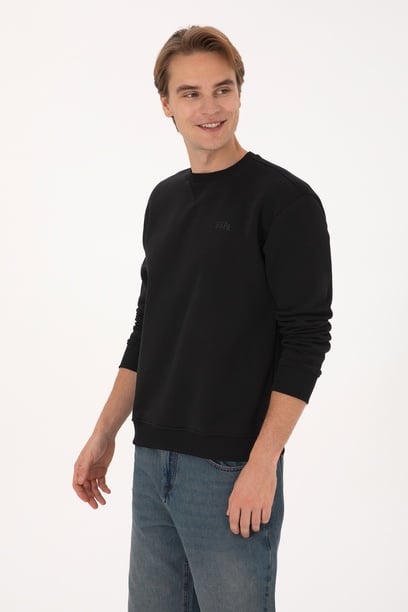 Erkek Comfort Fit Bisiklet Yaka Şardonlu Siyah Basic Sweatshirt