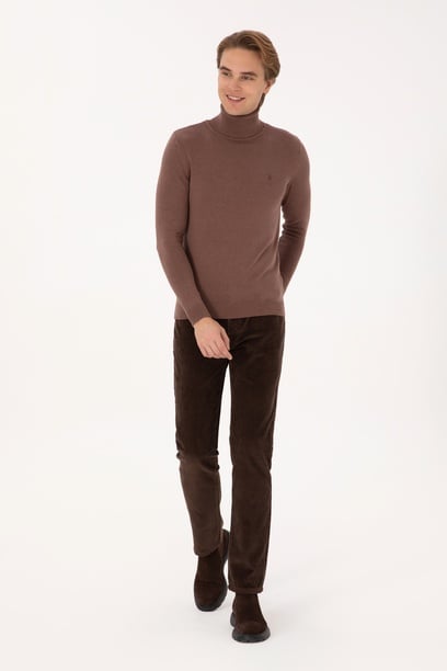 Erkek Koyu Kahverengi Regular Fit Kanvas / Chino Kadife Pantolon