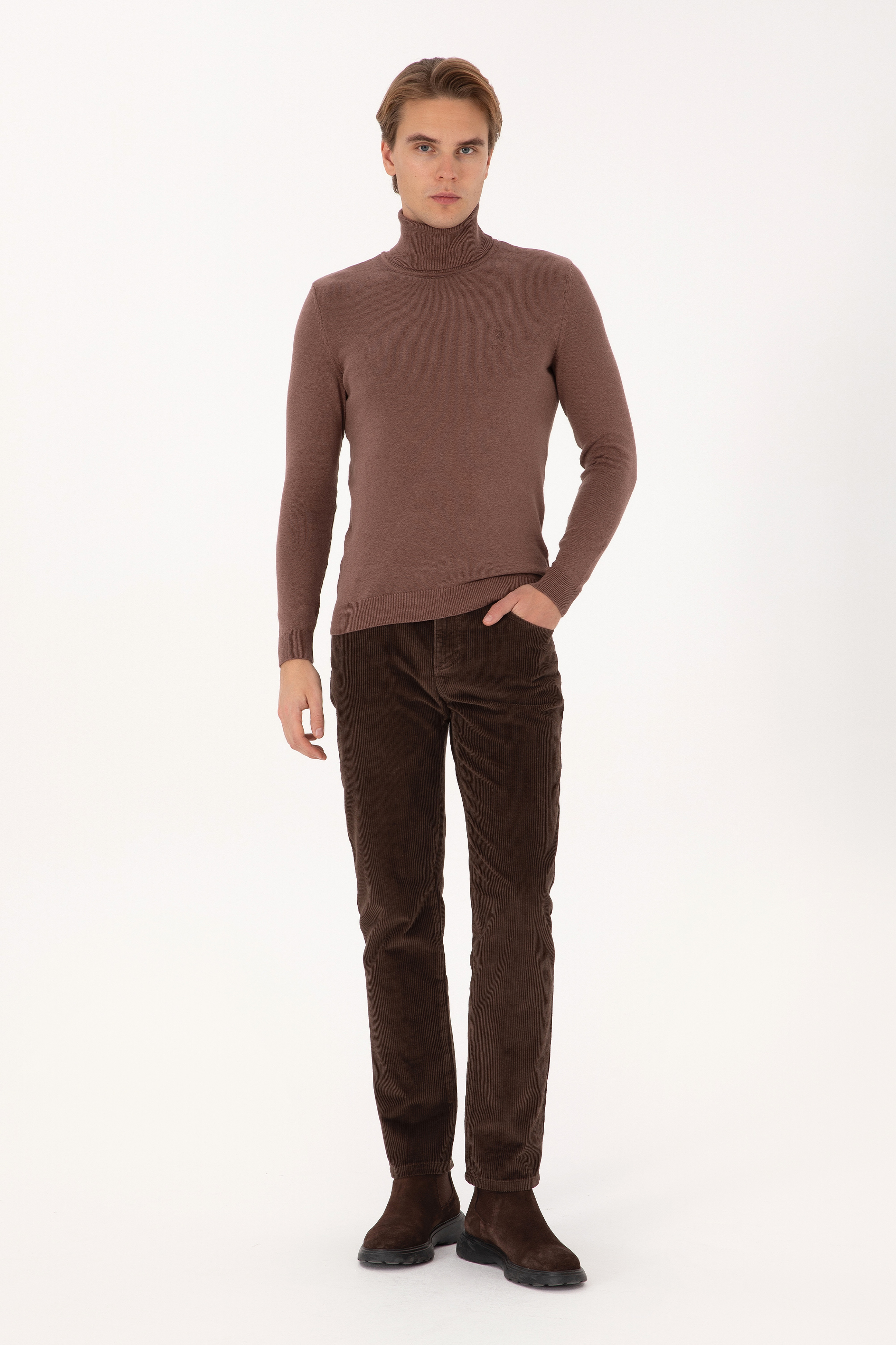 Erkek Koyu Kahverengi Regular Fit Kanvas / Chino Kadife Pantolon - Image 3