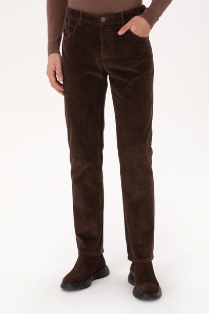 Erkek Koyu Kahverengi Regular Fit Kanvas / Chino Kadife Pantolon