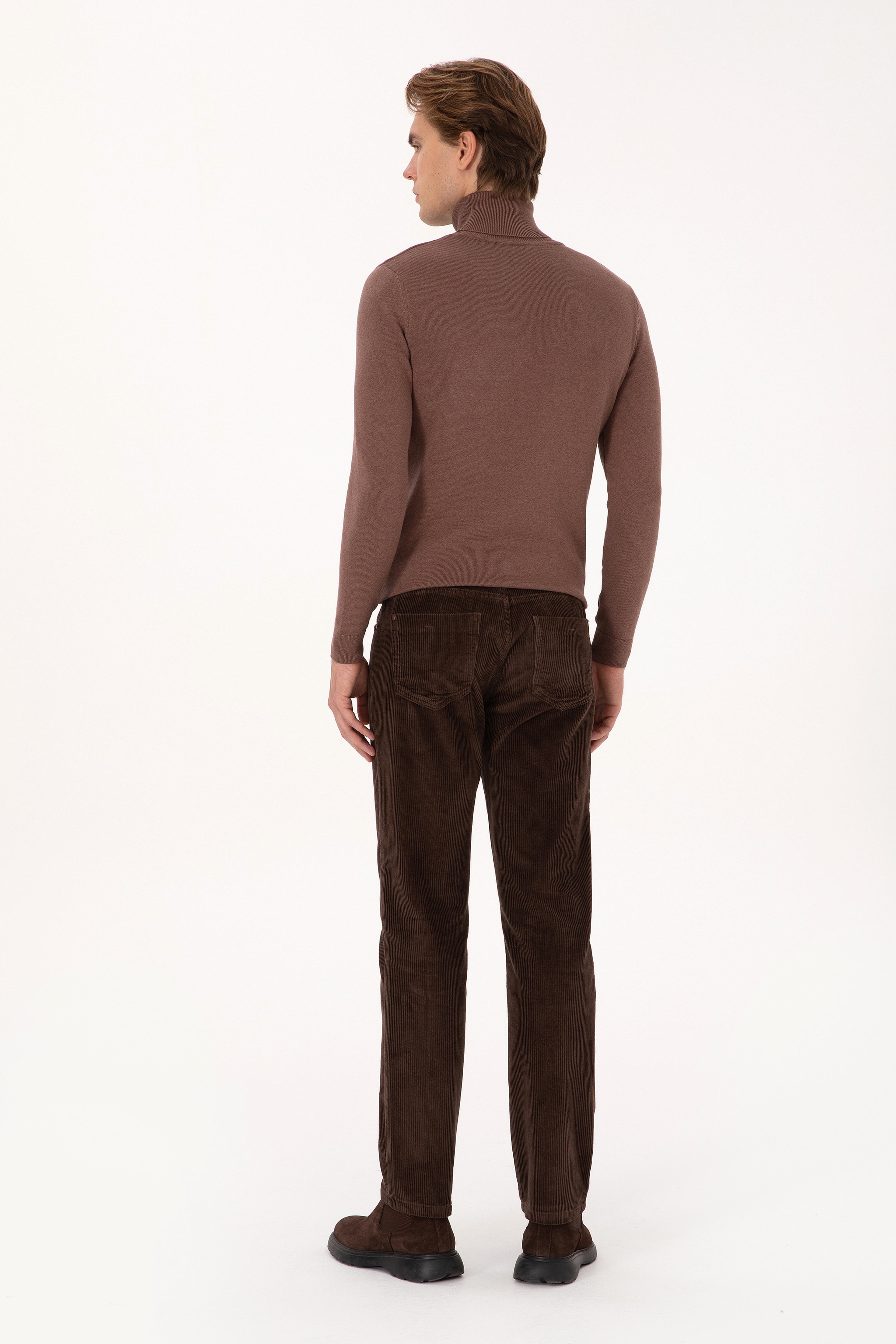 Erkek Koyu Kahverengi Regular Fit Kanvas / Chino Kadife Pantolon