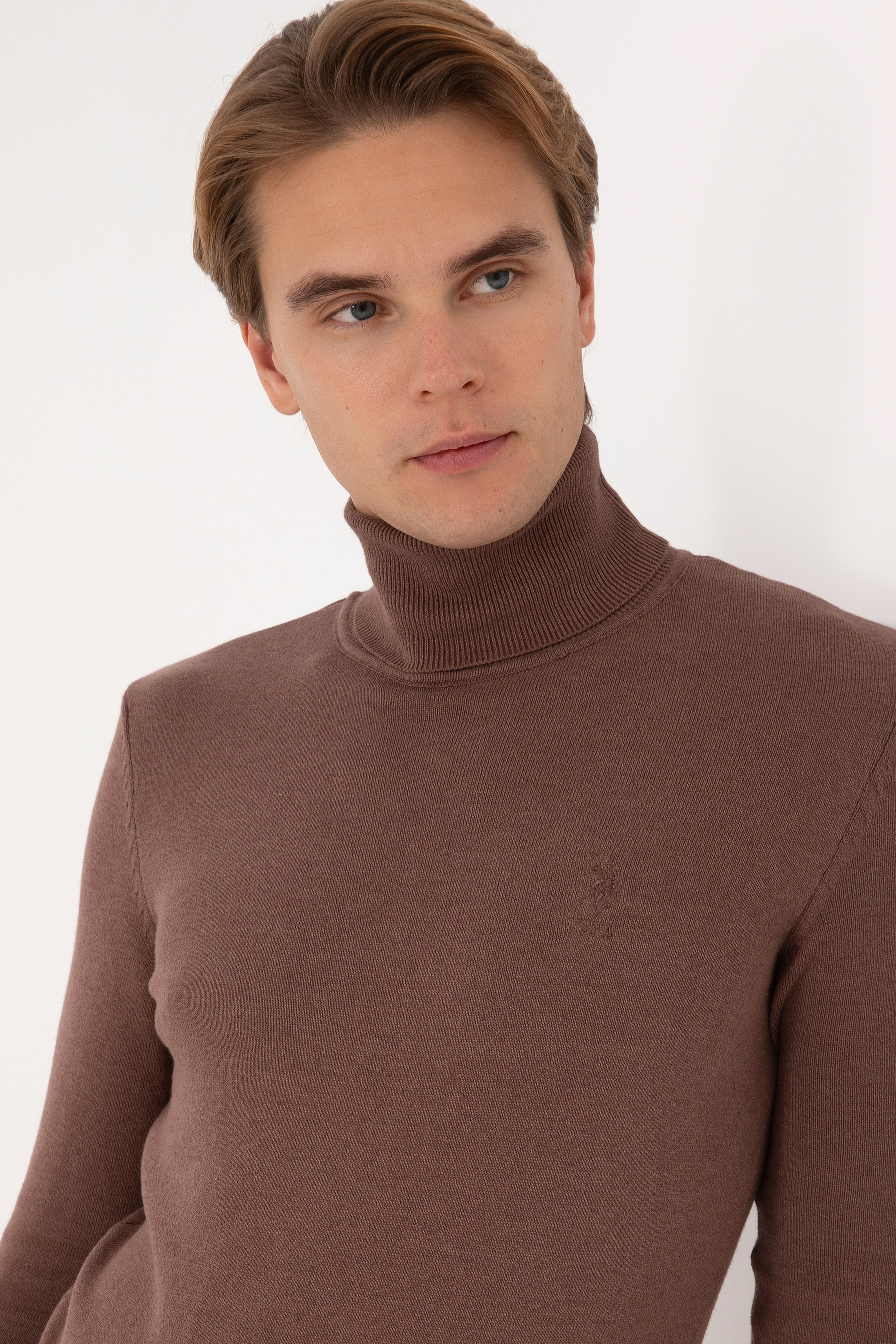 Erkek Slim Fit Balıkçı Yaka Vizon Melanj Basic Kazak - Image 2