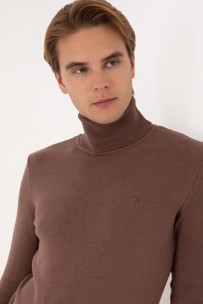Erkek Slim Fit Balıkçı Yaka Vizon Melanj Basic Kazak
