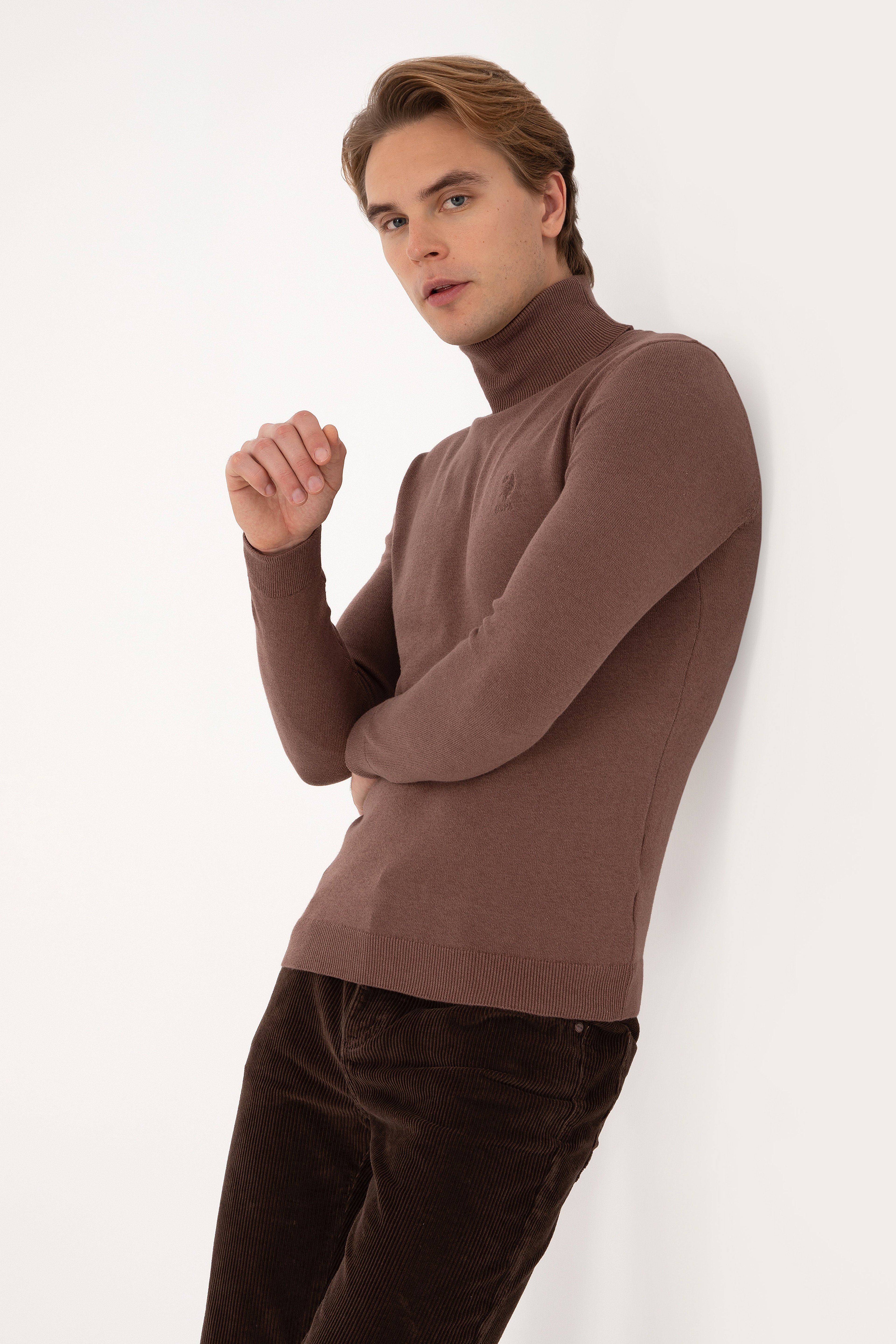 Erkek Slim Fit Balıkçı Yaka Vizon Melanj Basic Kazak - Image 3
