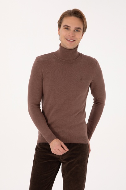 Erkek Slim Fit Balıkçı Yaka Vizon Melanj Basic Kazak