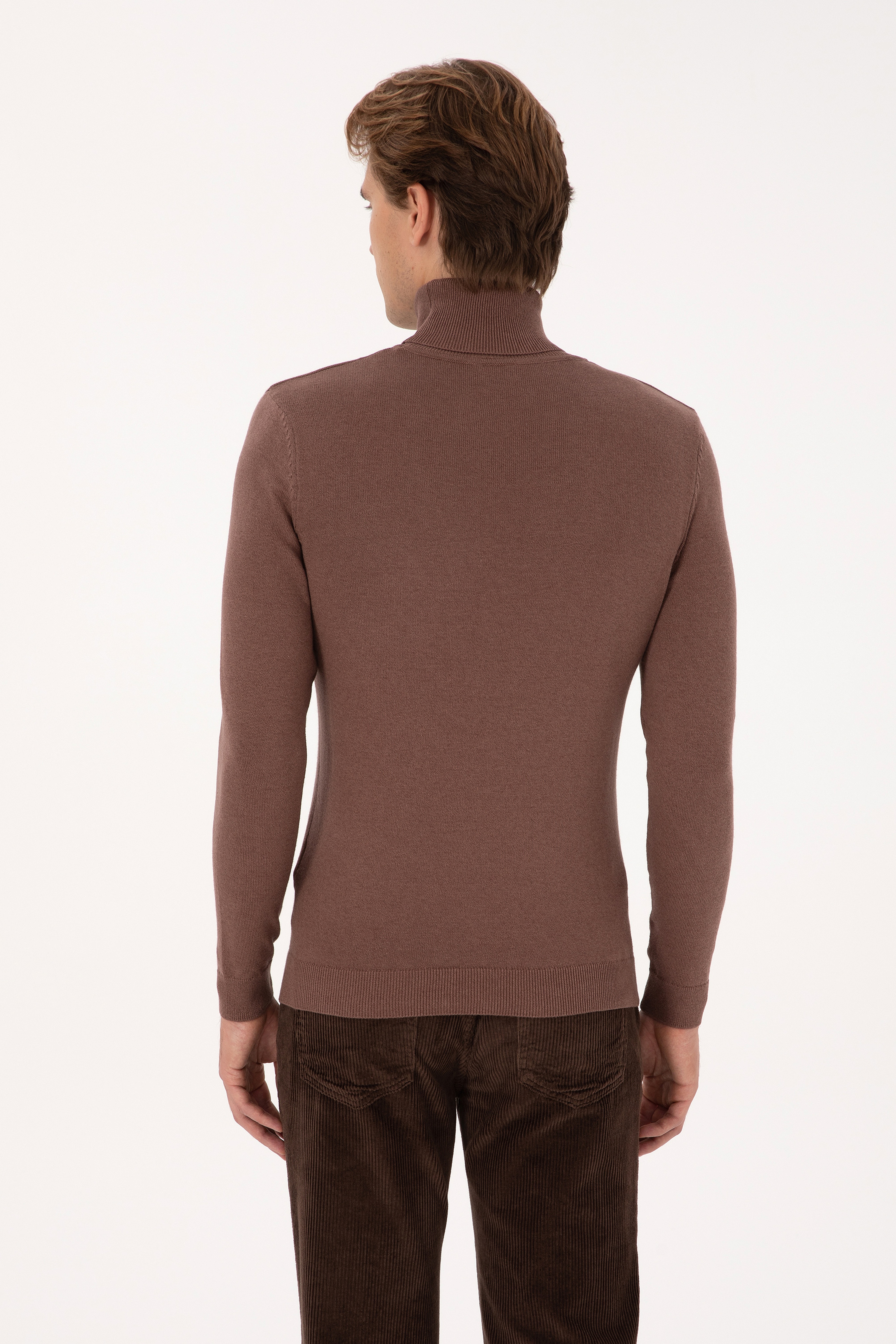 Erkek Slim Fit Balıkçı Yaka Vizon Melanj Basic Kazak