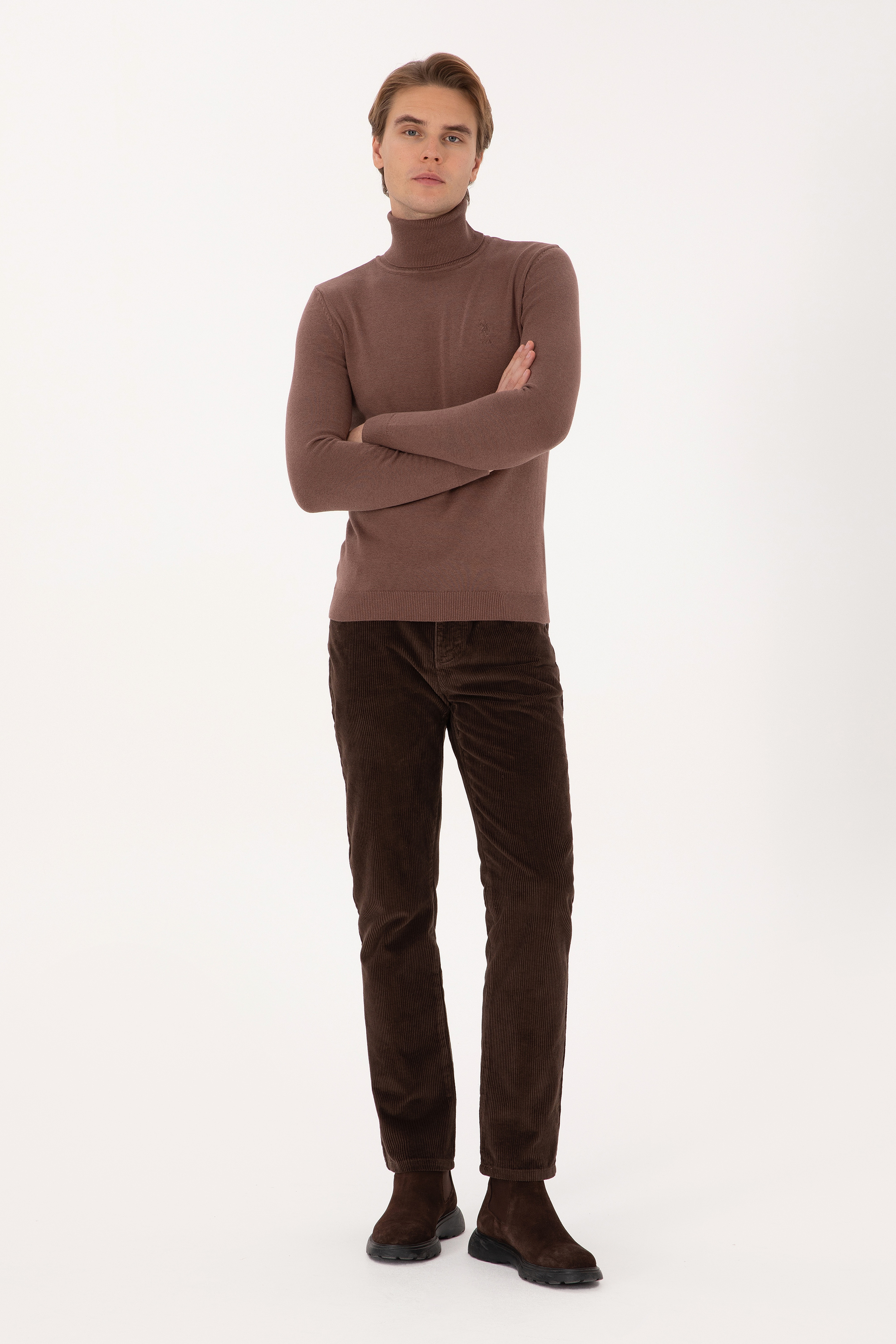 Erkek Slim Fit Balıkçı Yaka Vizon Melanj Basic Kazak - Image 4