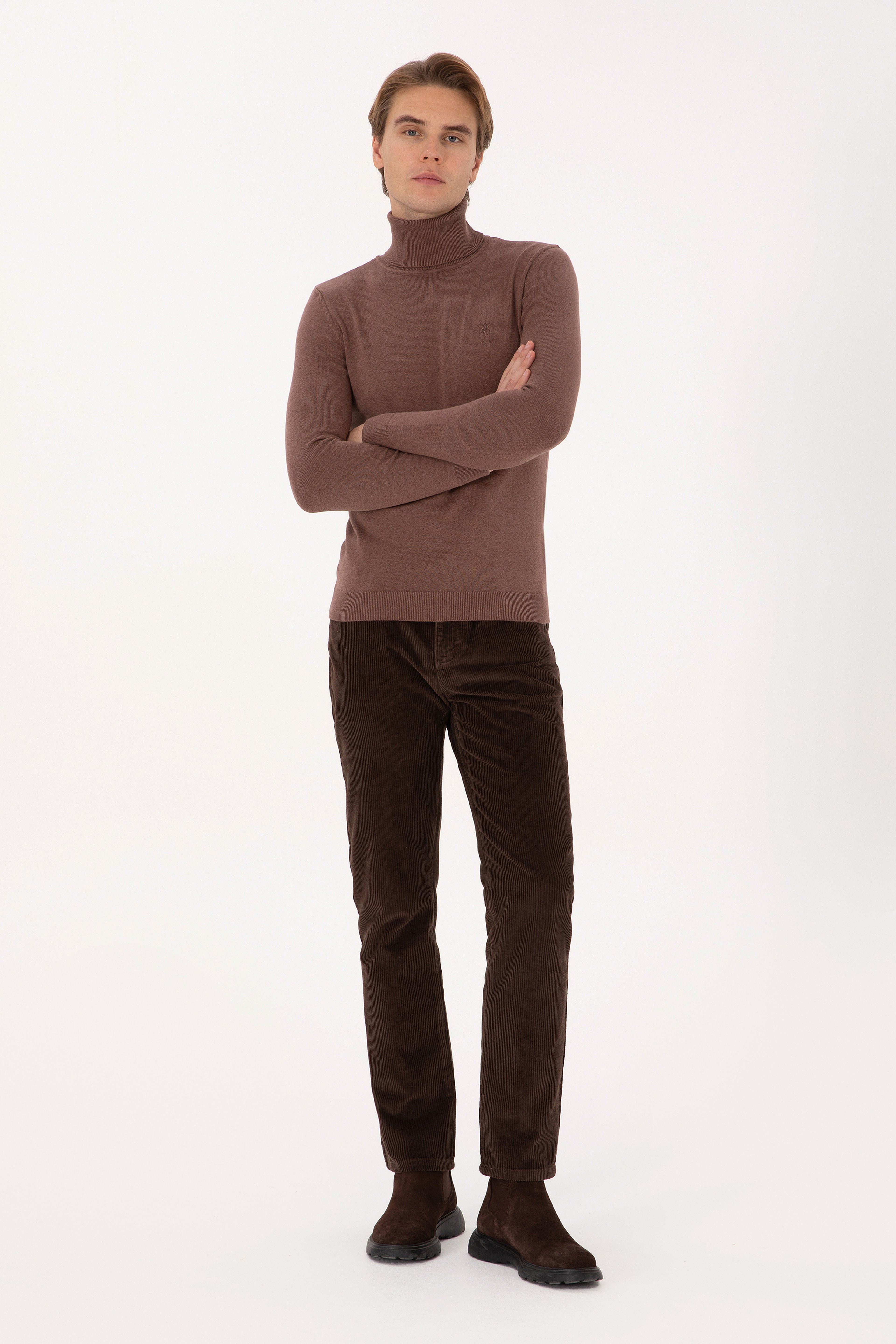 Erkek Slim Fit Balıkçı Yaka Vizon Melanj Basic Kazak