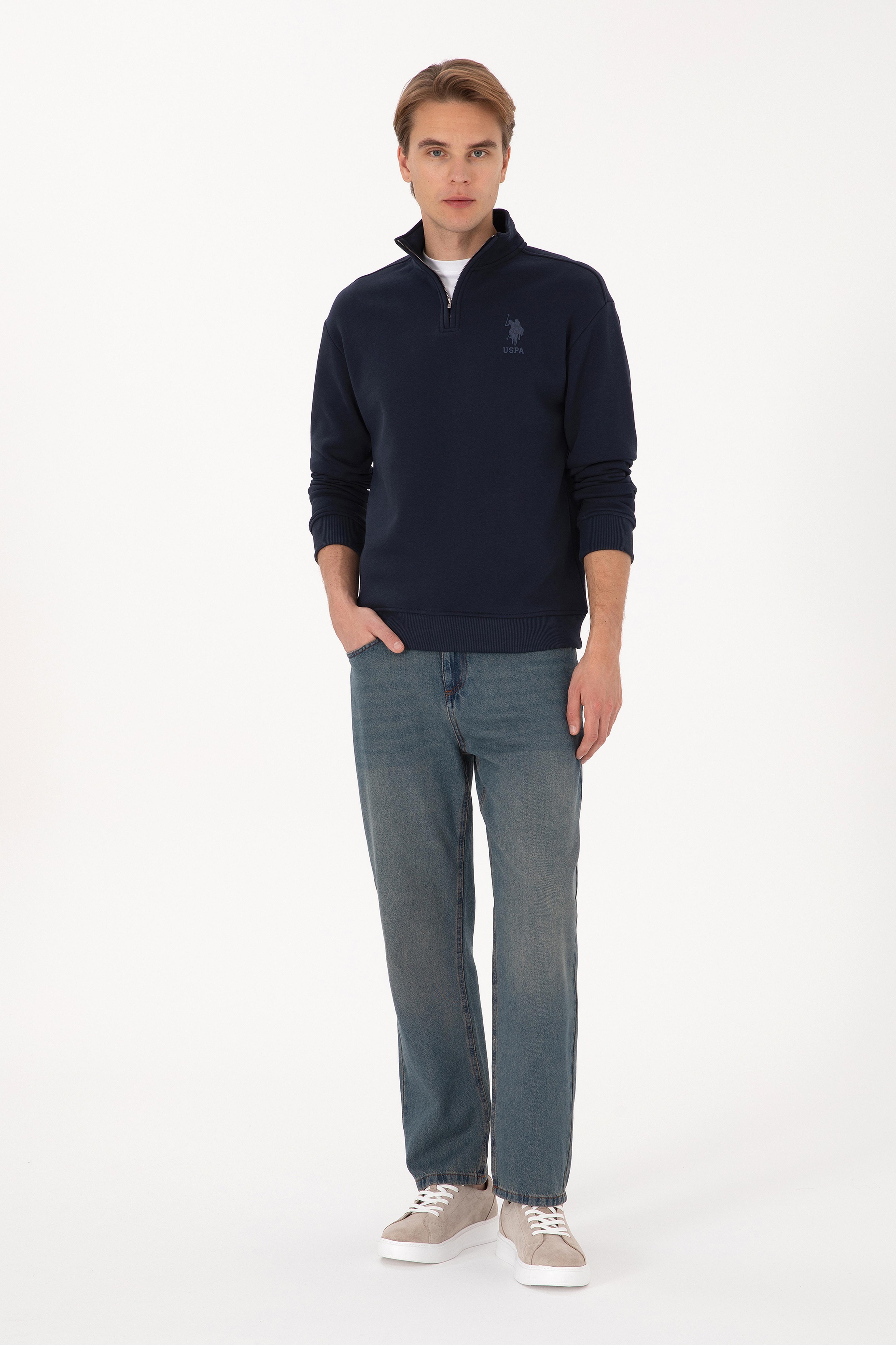 Erkek Comfort Fit Yarım Fermuarlı Lacivert Sweatshirt - Image 4