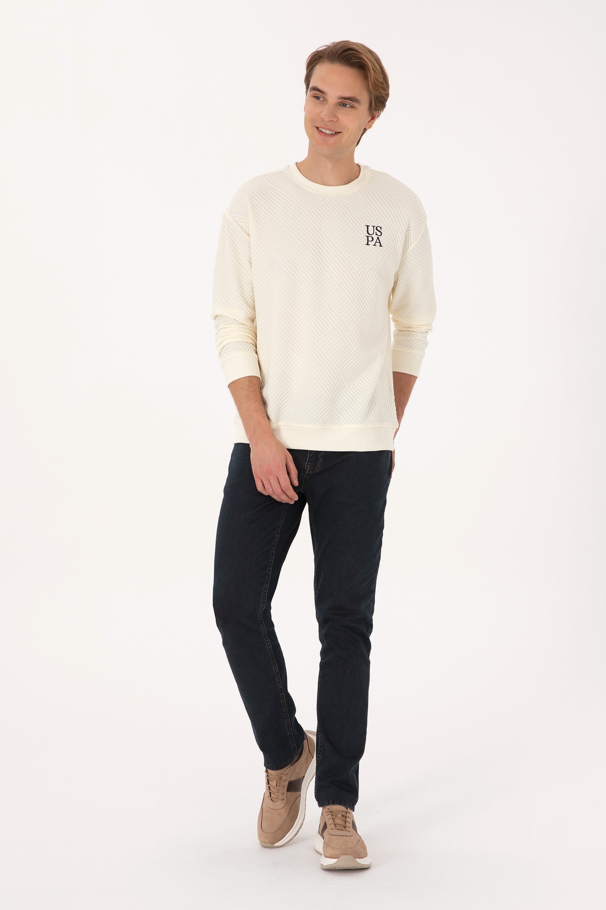 Erkek Oversize Fit Bisiklet Yaka Krem Sweatshirt - Image 4