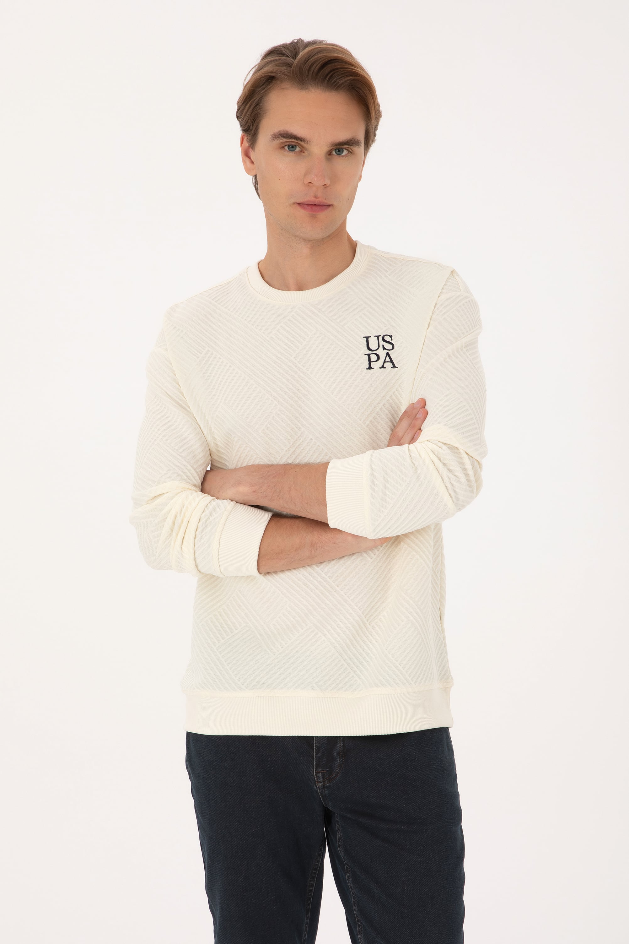 Erkek Oversize Fit Bisiklet Yaka Krem Sweatshirt - Image 3