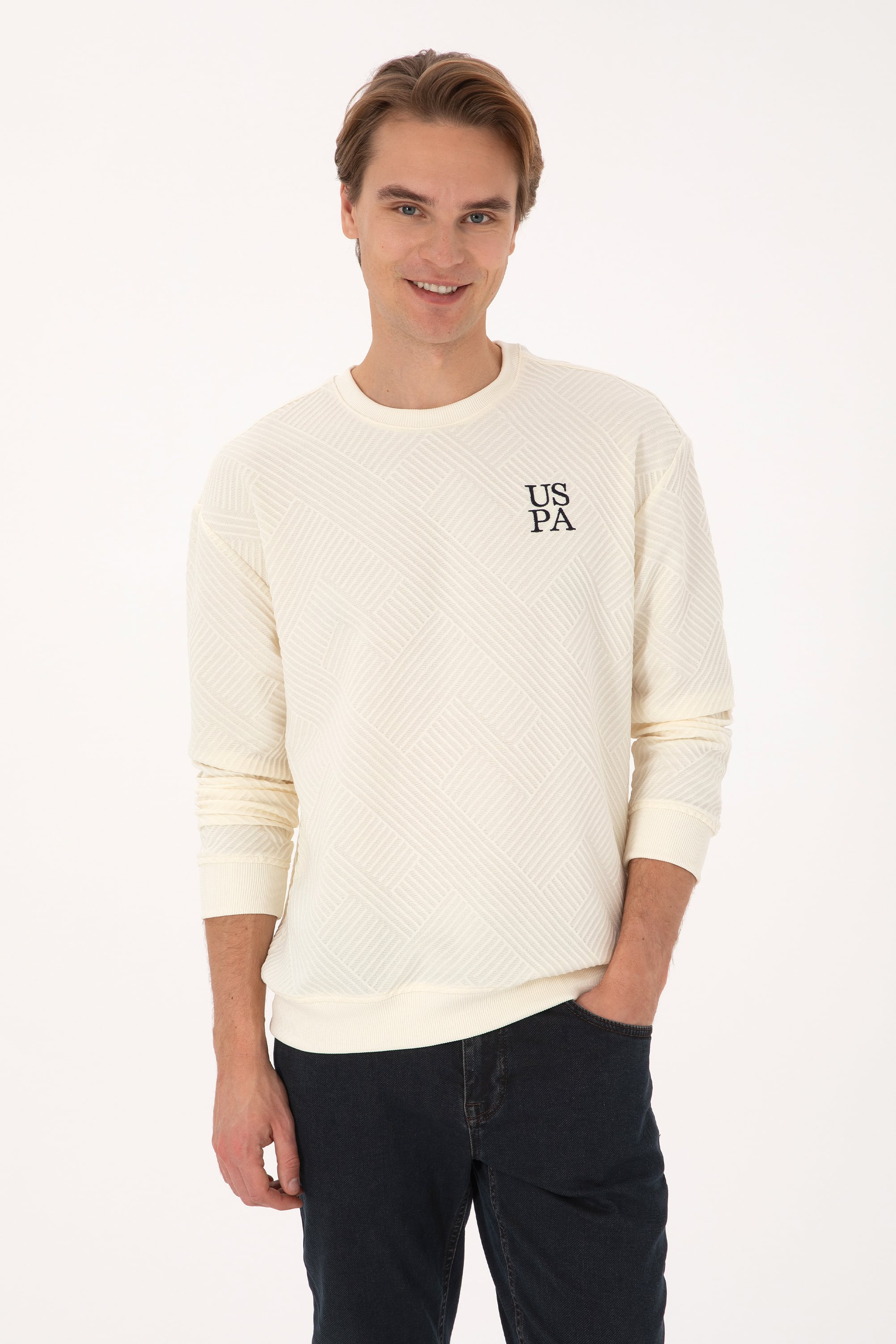 Erkek Oversize Fit Bisiklet Yaka Krem Sweatshirt - Image 1