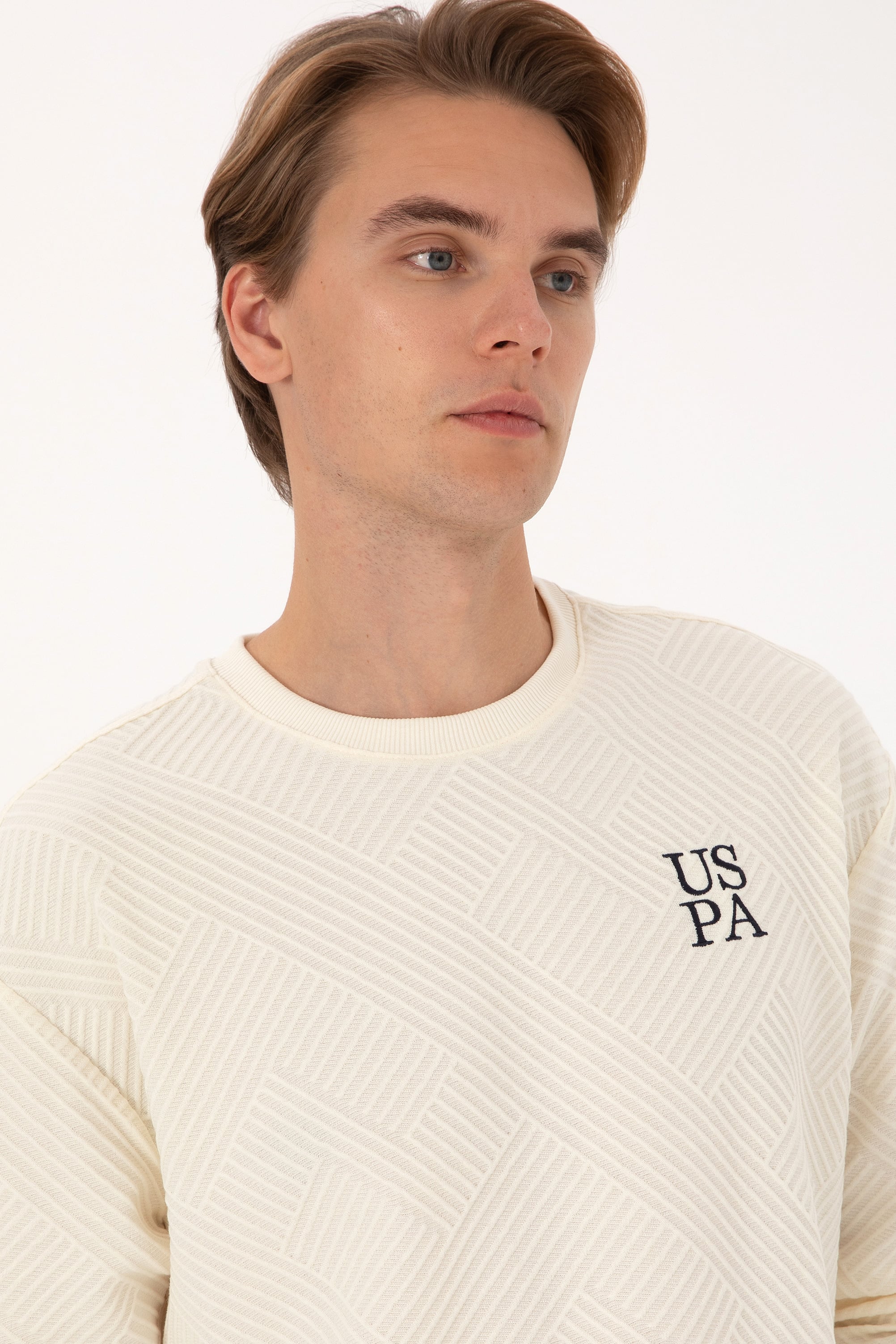 Erkek Oversize Fit Bisiklet Yaka Krem Sweatshirt