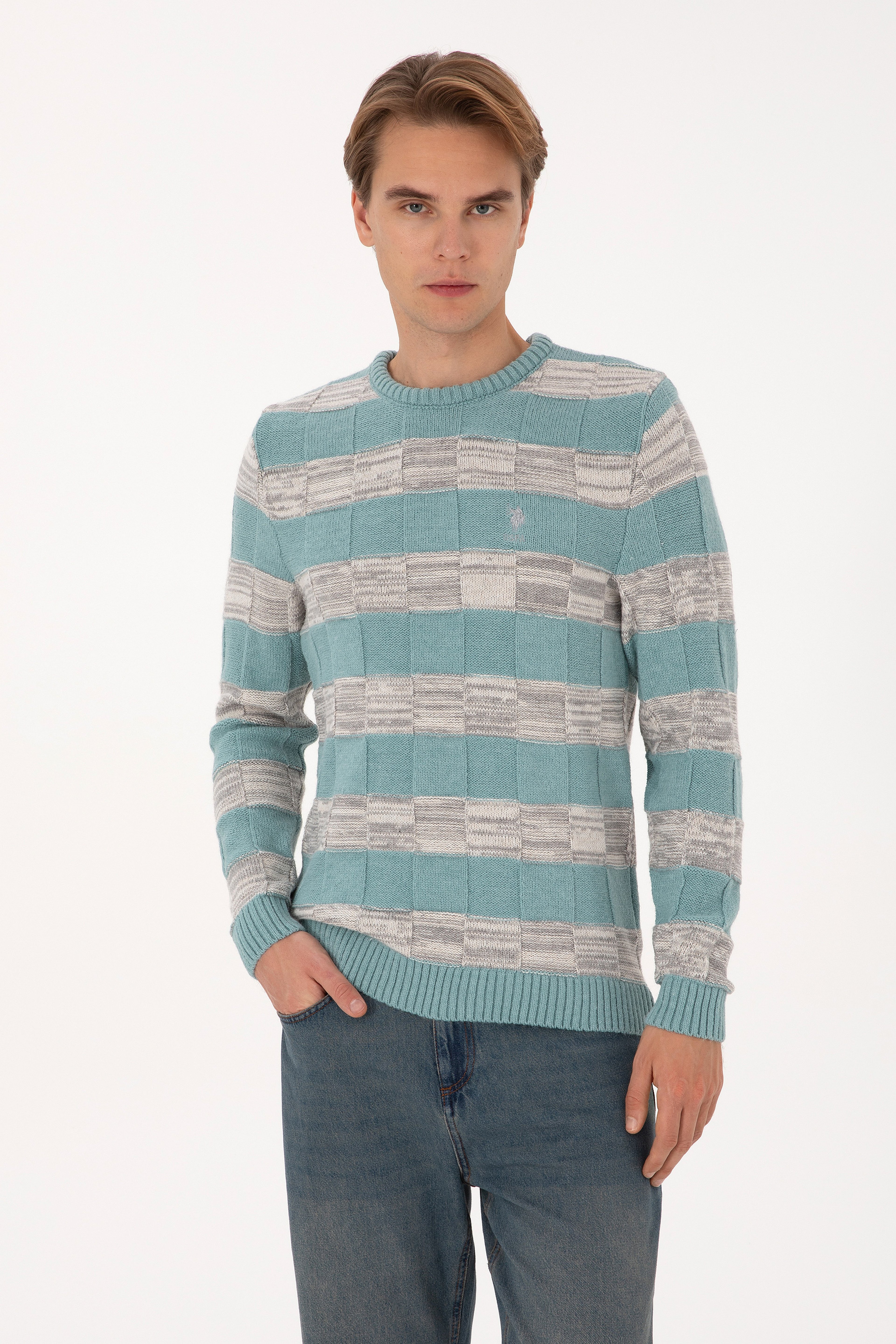 Erkek Regular Fit Bisiklet Yaka Mint Kazak - Image 1