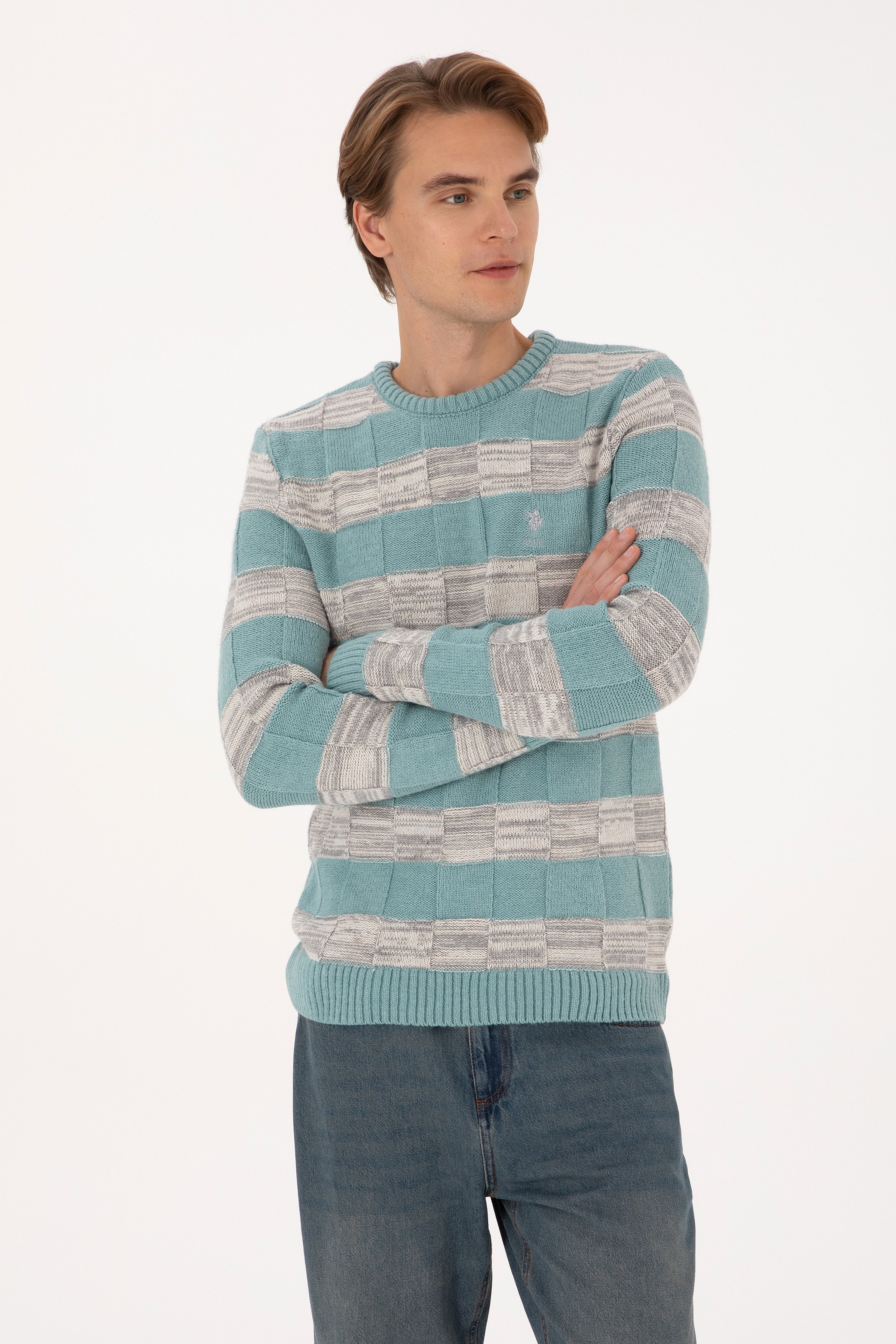 Erkek Regular Fit Bisiklet Yaka Mint Kazak