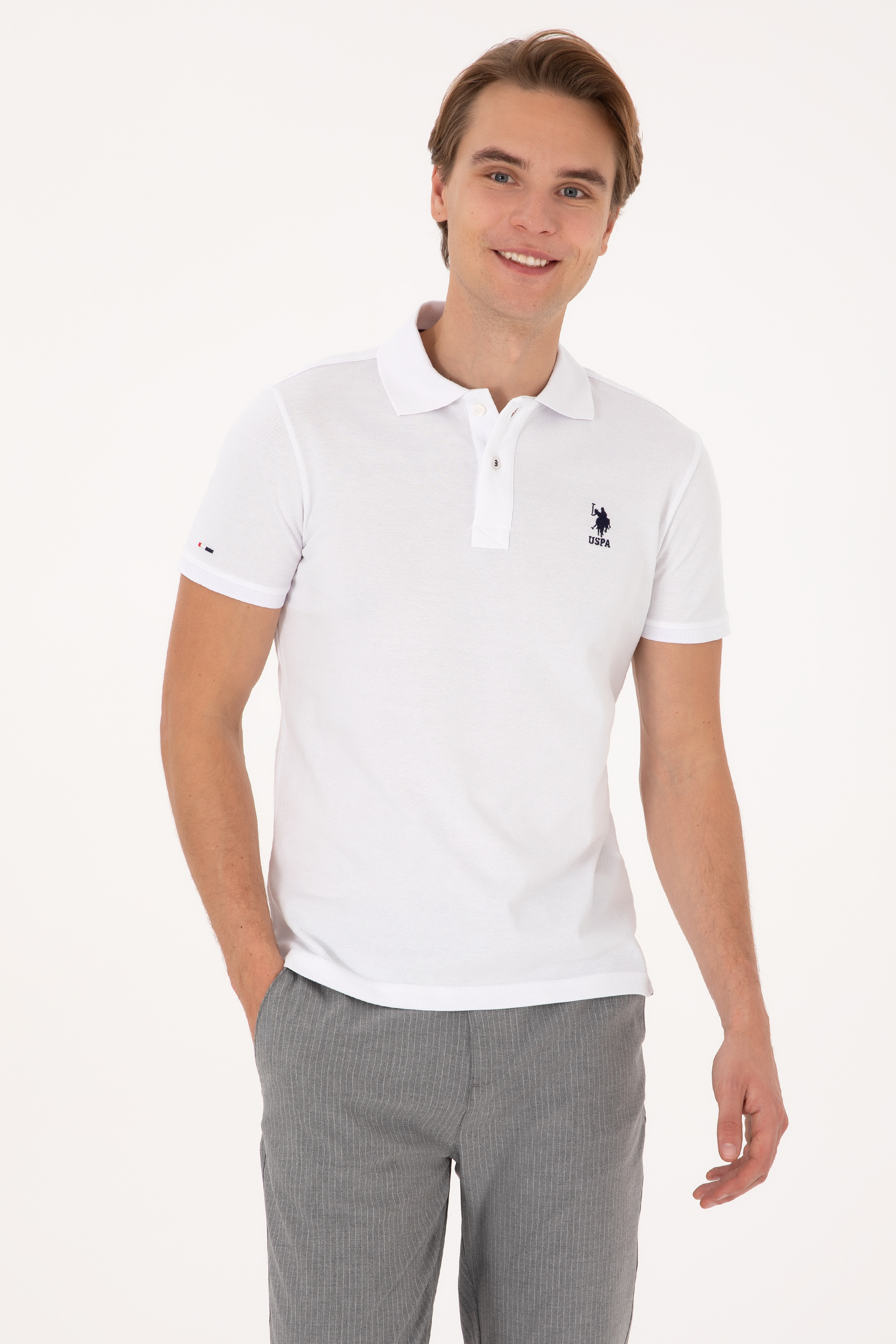 Erkek Beyaz Slim Fit Polo Yaka Basic Tişört - Image 1