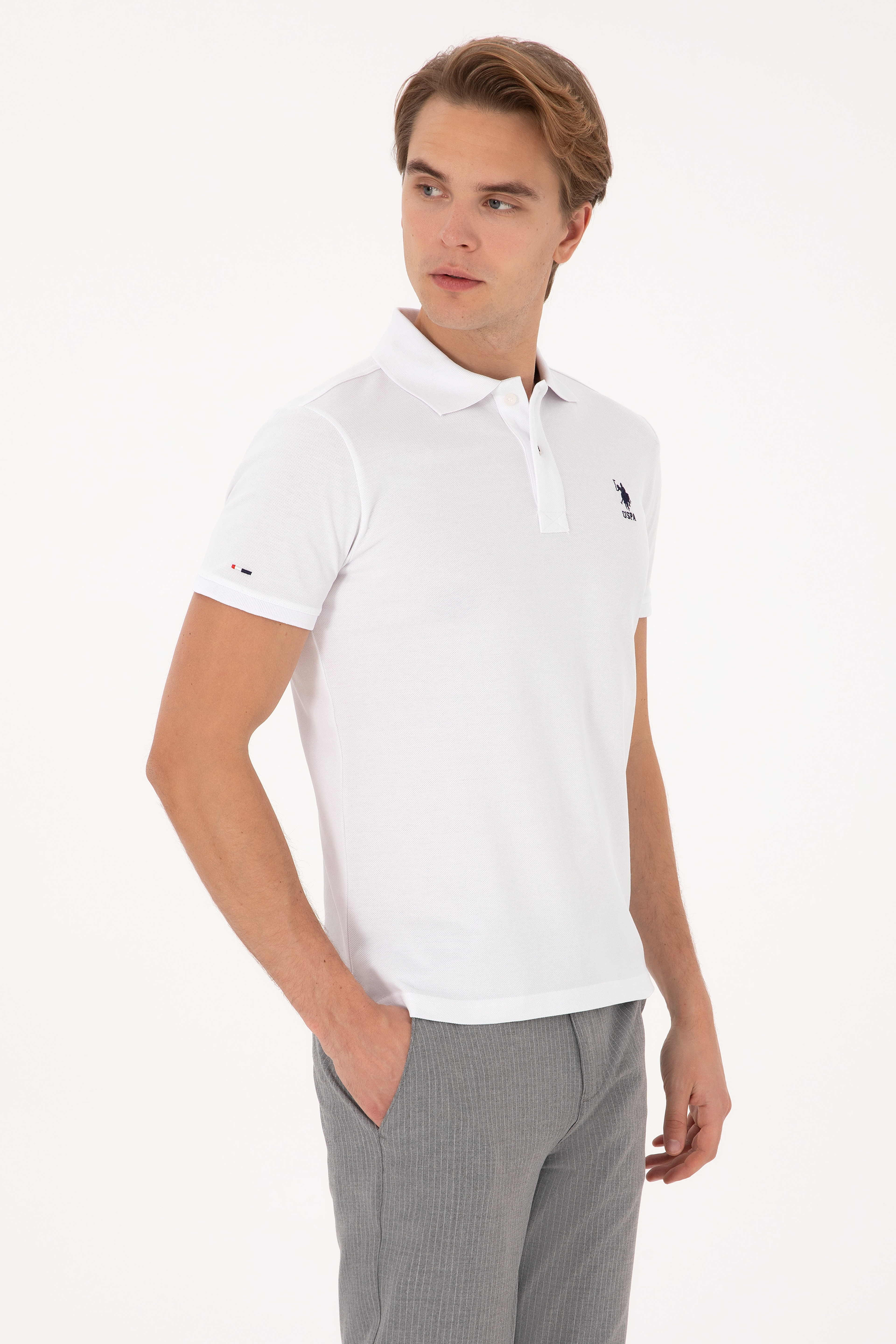 Erkek Beyaz Slim Fit Polo Yaka Basic Tişört
