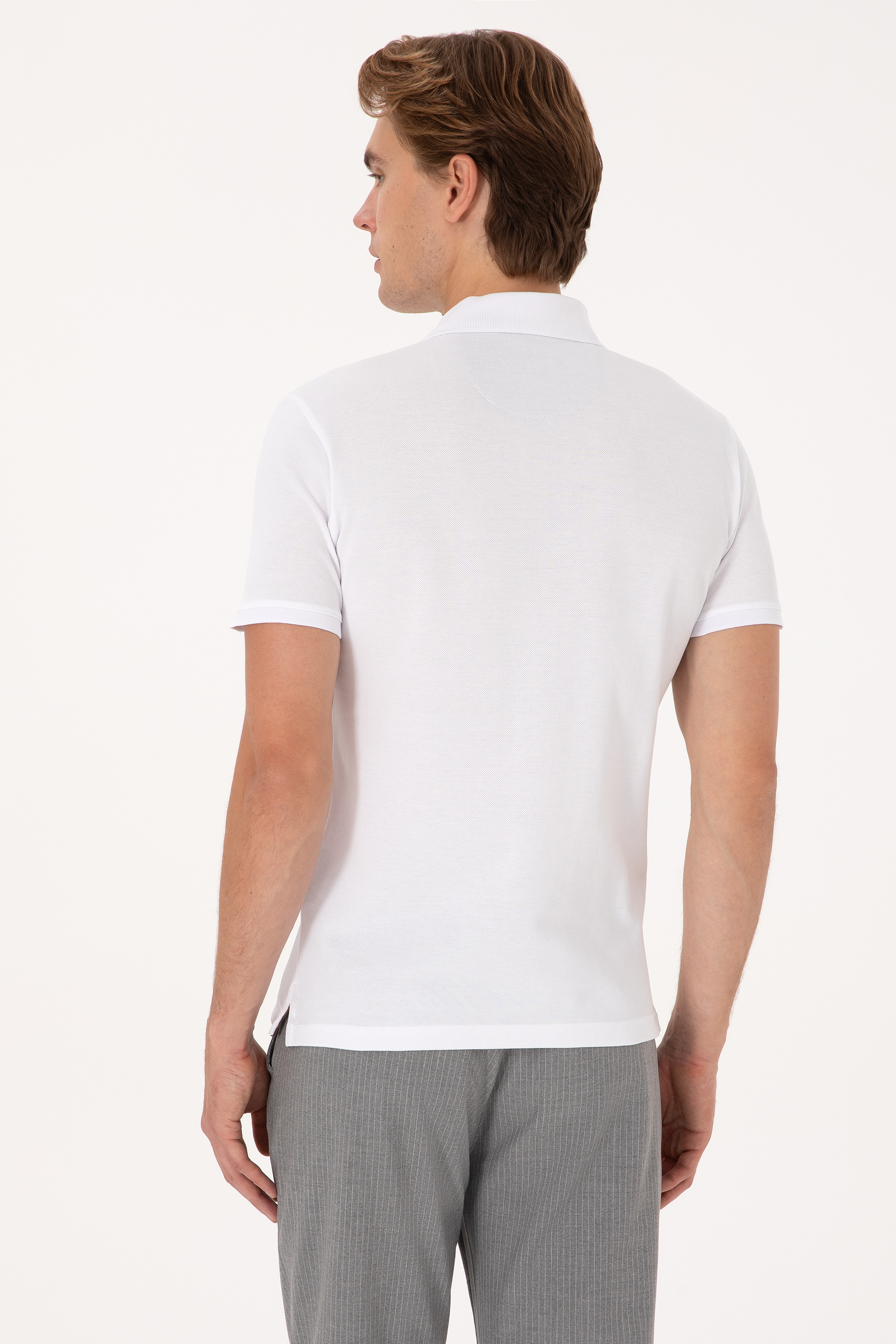 Erkek Beyaz Slim Fit Polo Yaka Basic Tişört - Image 5