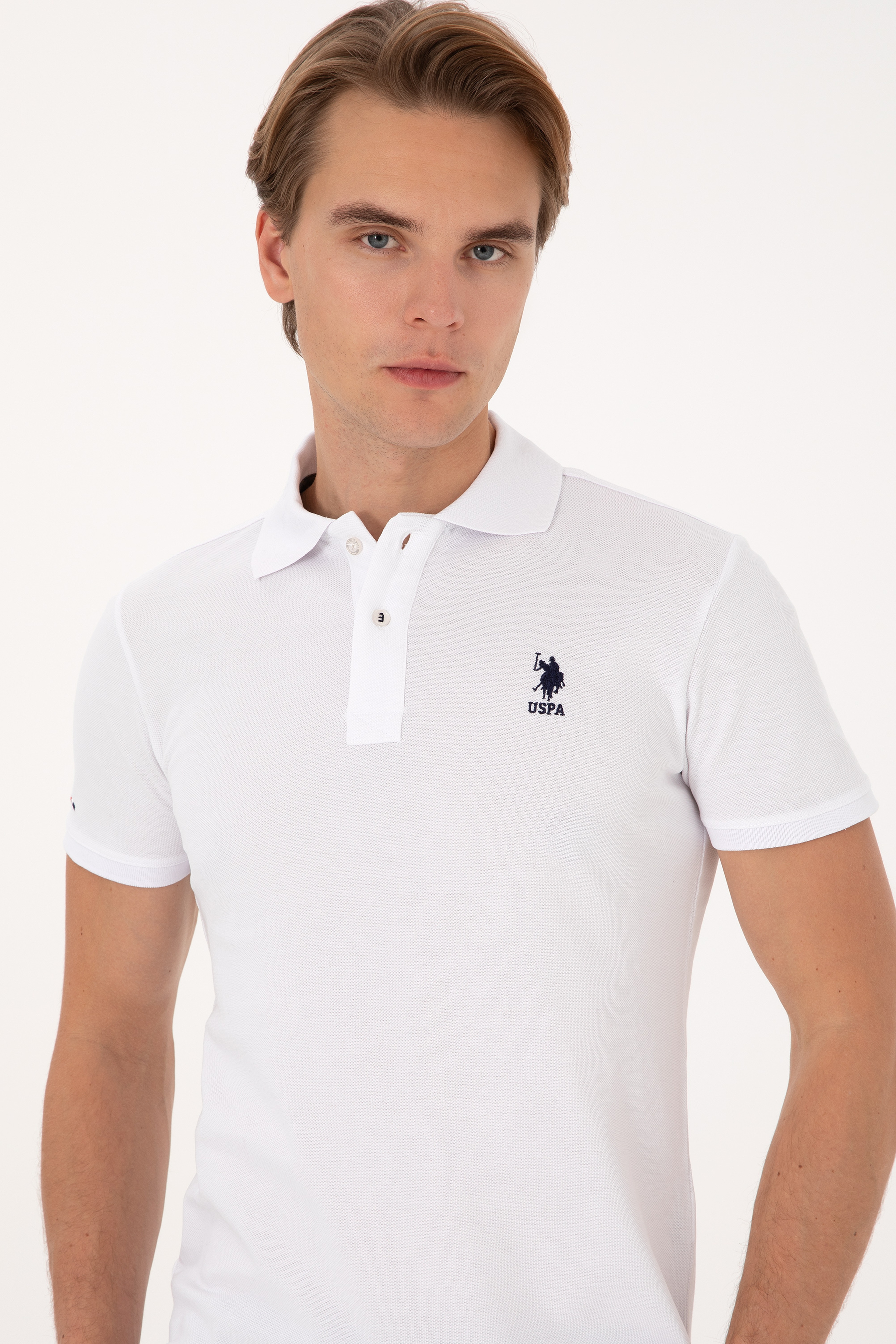 Erkek Beyaz Slim Fit Polo Yaka Basic Tişört - Image 2