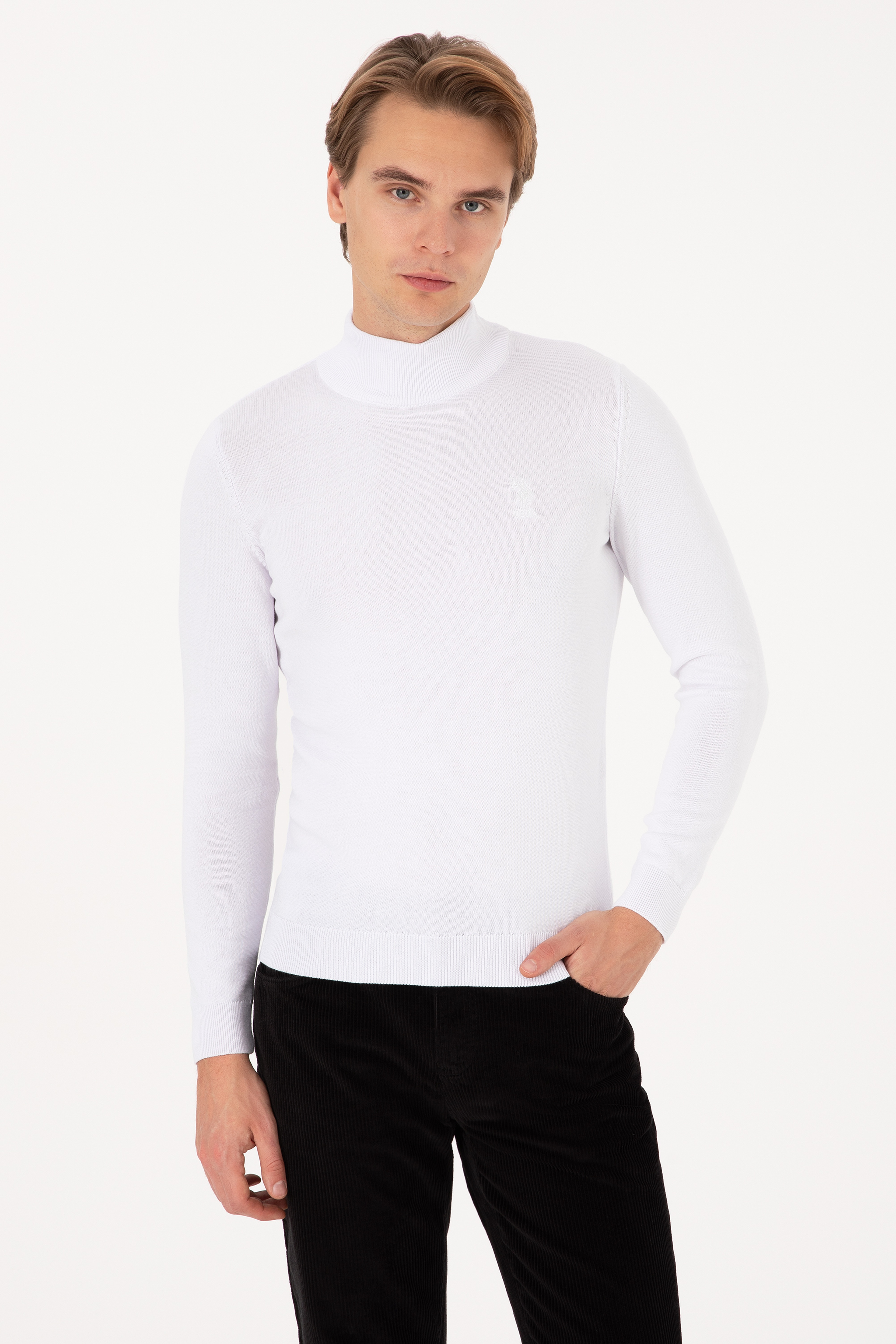 Erkek Slim Fit Yarım Balıkçı Yaka Beyaz Basic Kazak - Image 1