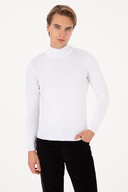 Erkek Slim Fit Yarım Balıkçı Yaka Beyaz Basic Kazak