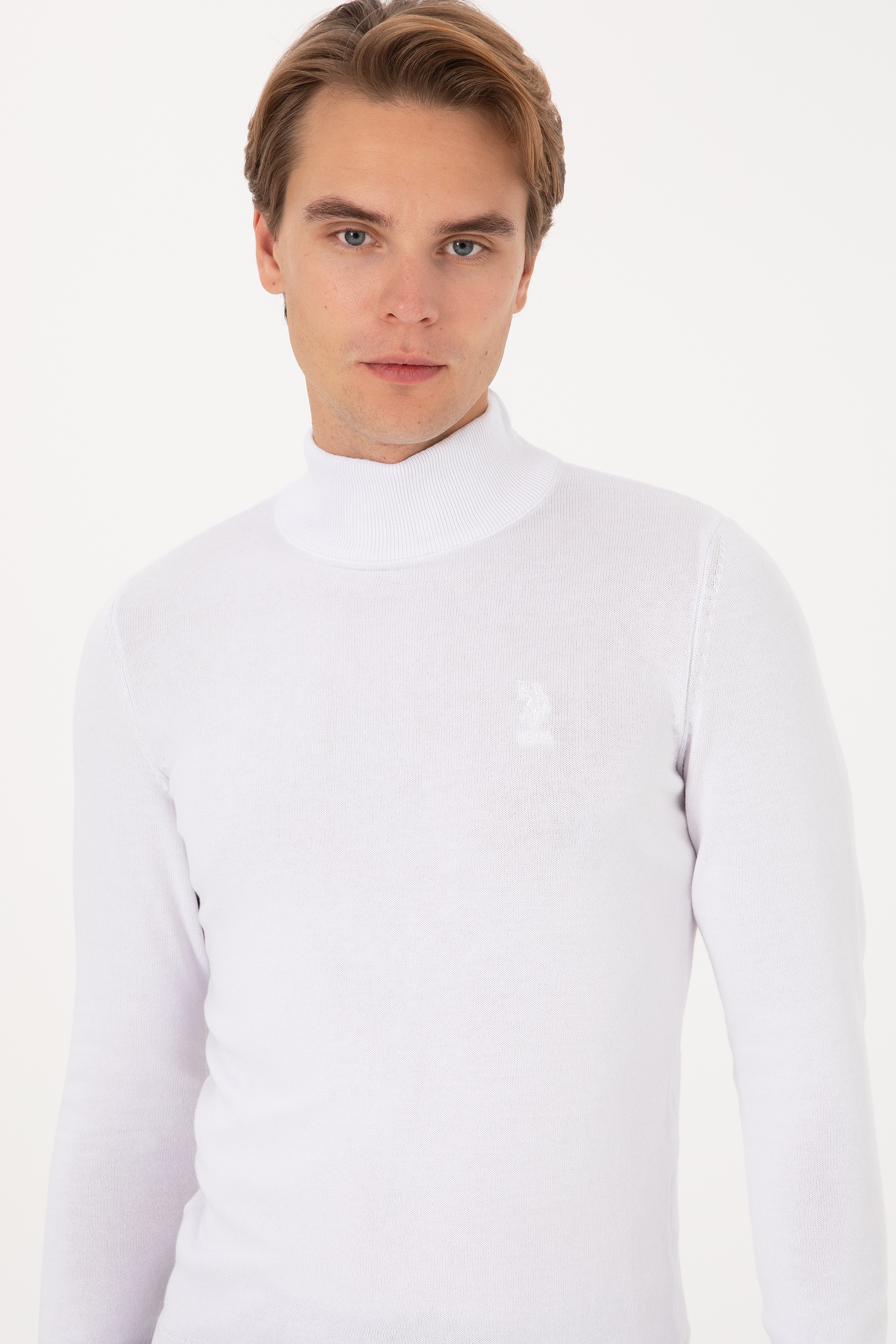 Erkek Slim Fit Yarım Balıkçı Yaka Beyaz Basic Kazak