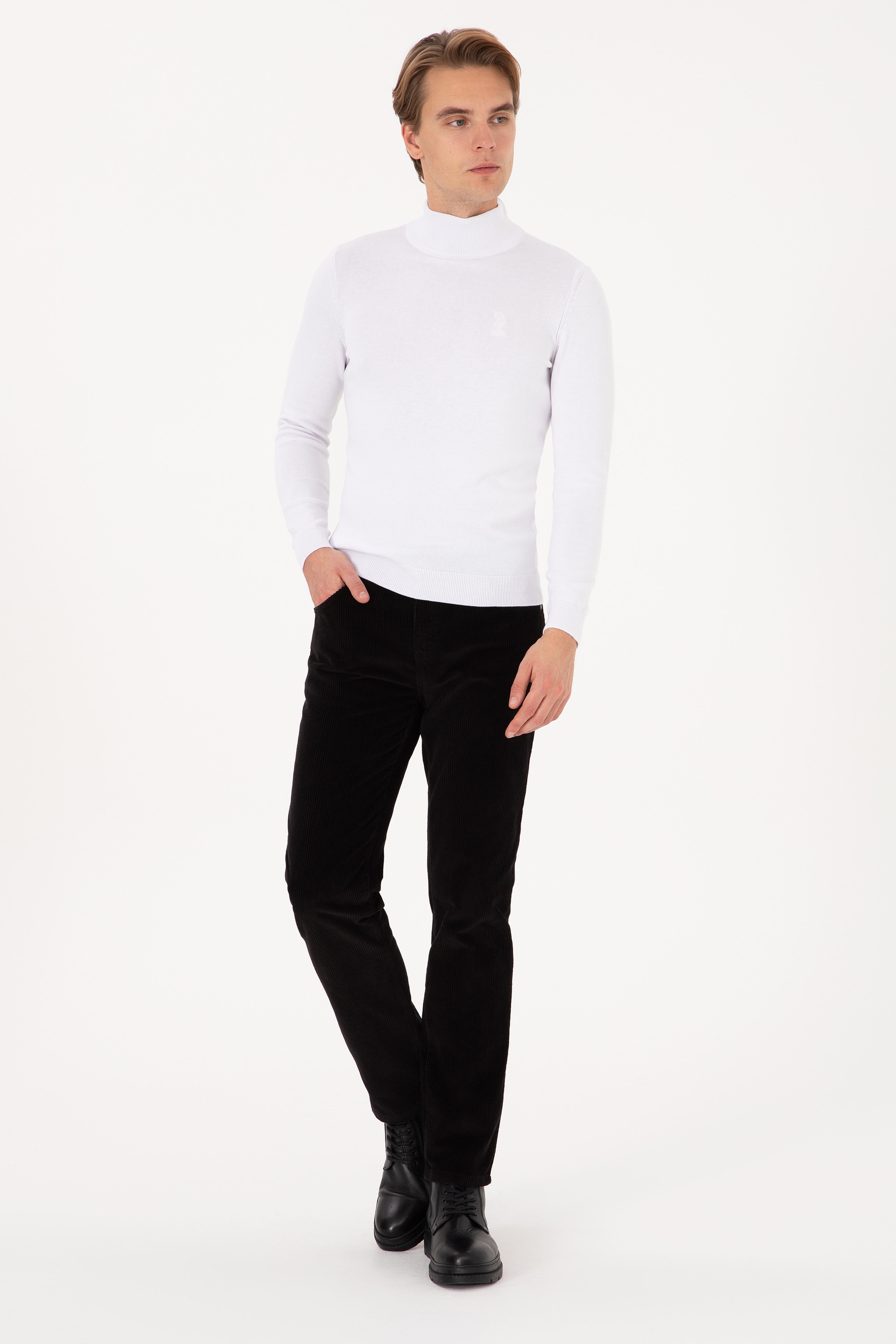 Erkek Slim Fit Yarım Balıkçı Yaka Beyaz Basic Kazak - Image 4