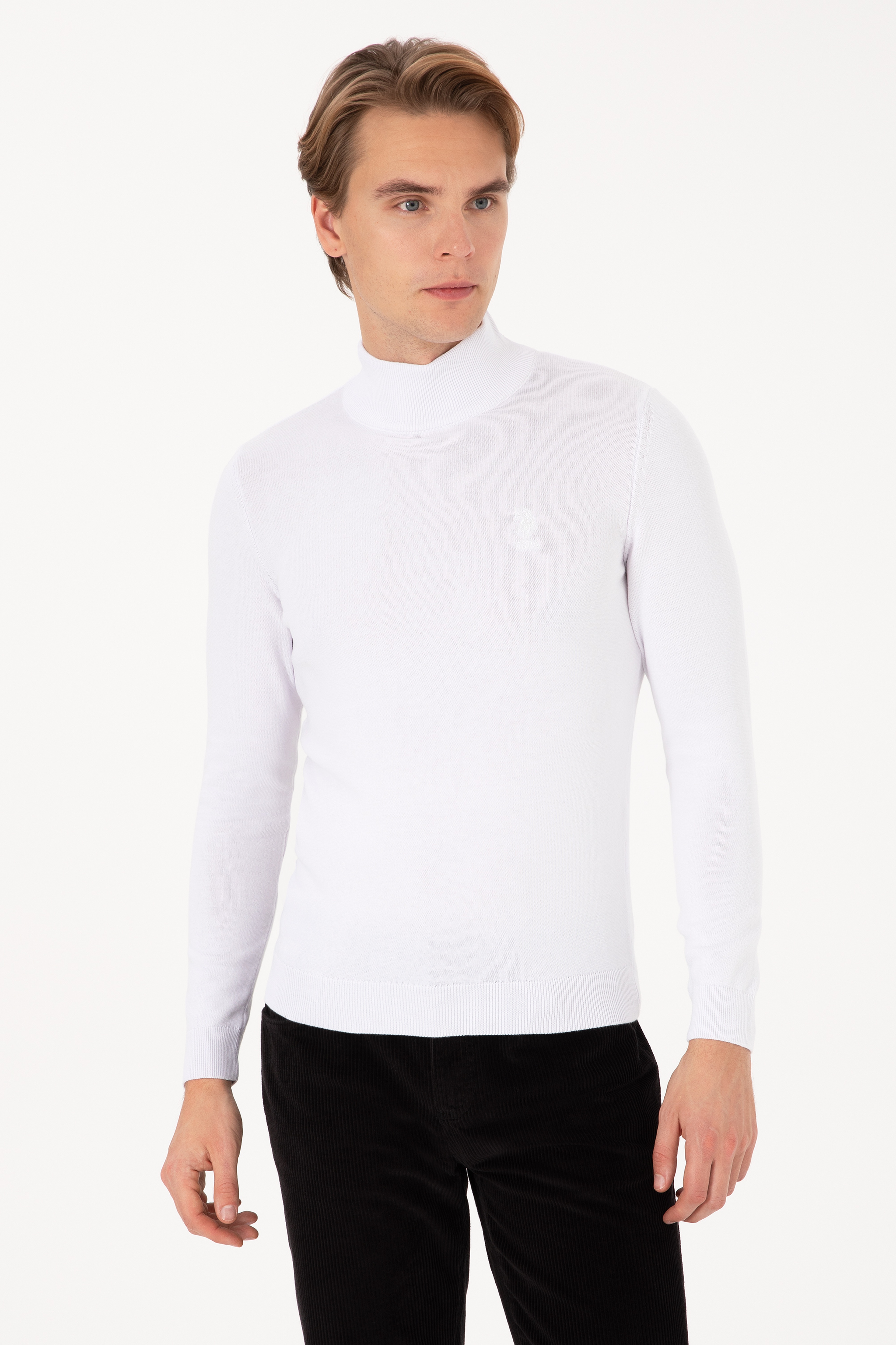 Erkek Slim Fit Yarım Balıkçı Yaka Beyaz Basic Kazak - Image 3