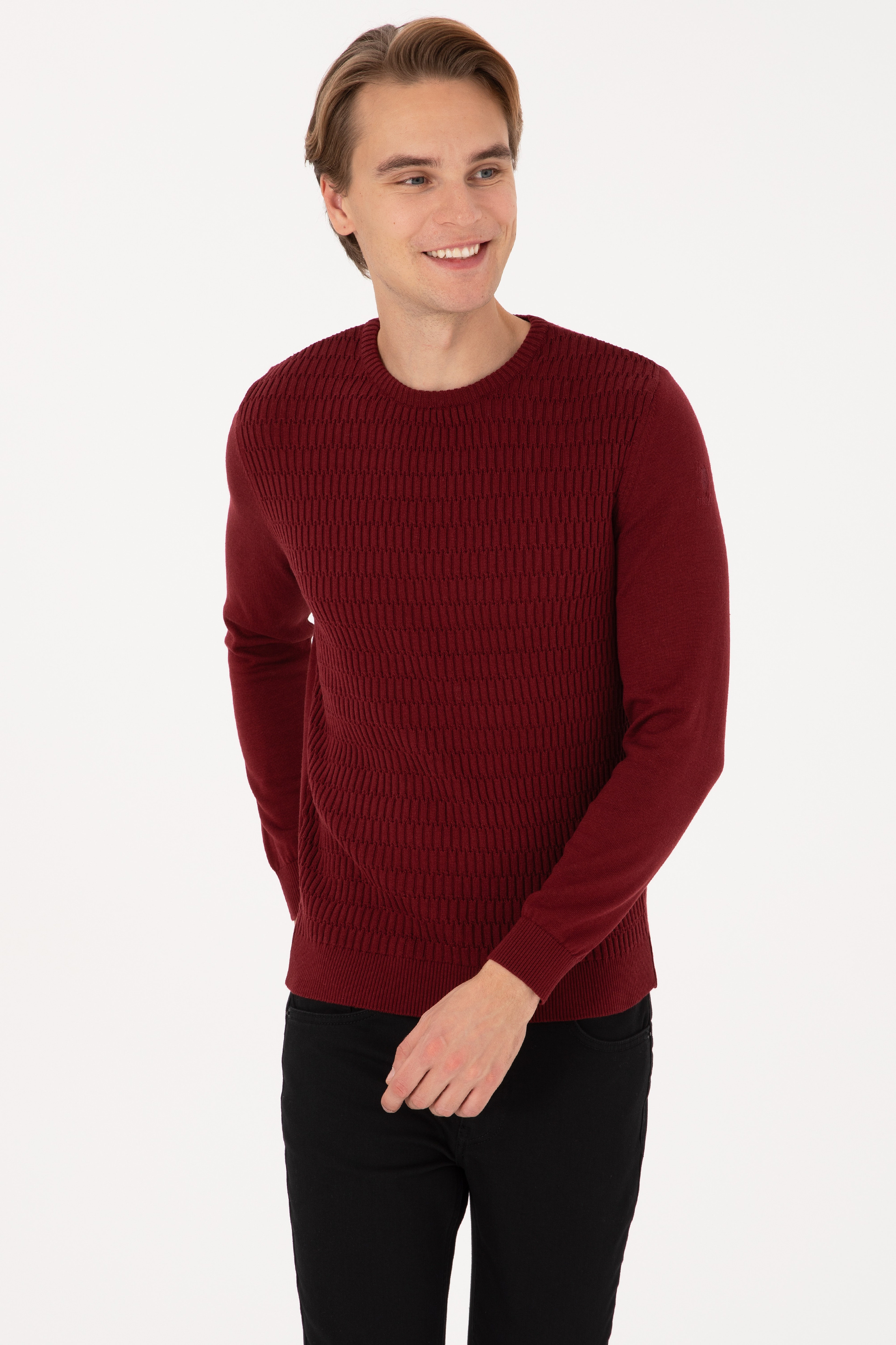 Erkek Regular Fit bisiklet Yaka  Bordo Kazak