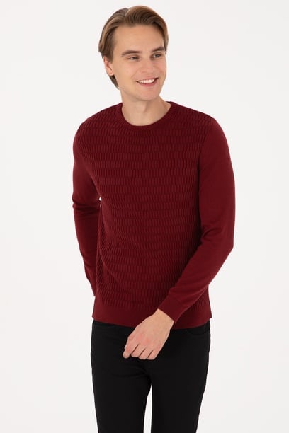 Erkek Regular Fit bisiklet Yaka  Bordo Kazak