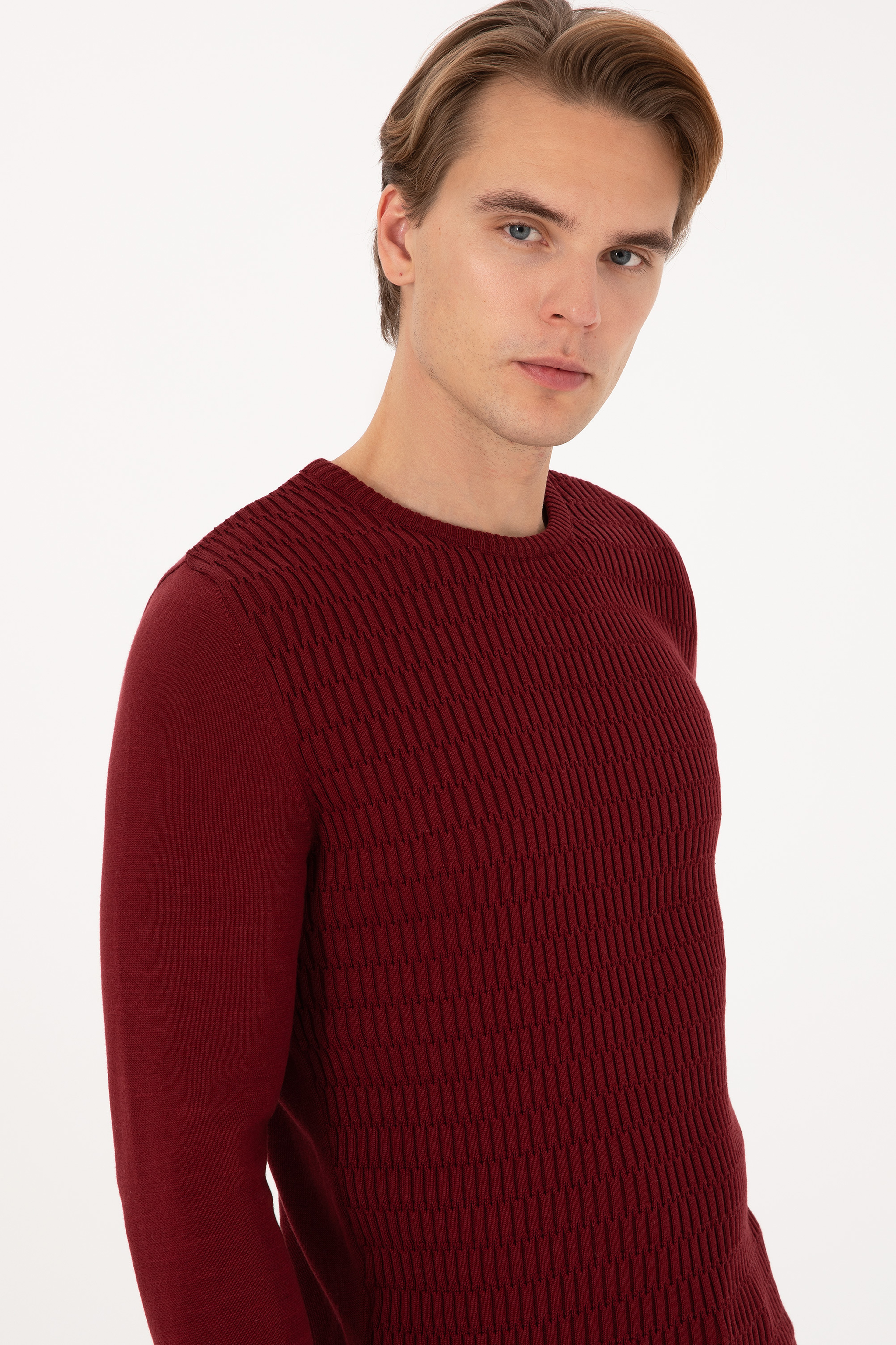 Erkek Regular Fit bisiklet Yaka Bordo Kazak - Image 2